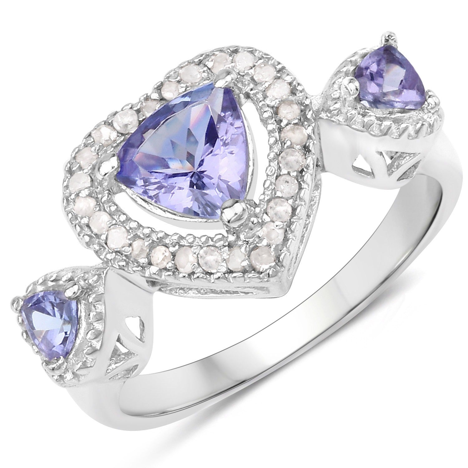 1.09 Ct Trillion Violet Tanzanite & White Diamond Prong Silver Halo Heart Three Stone Ring