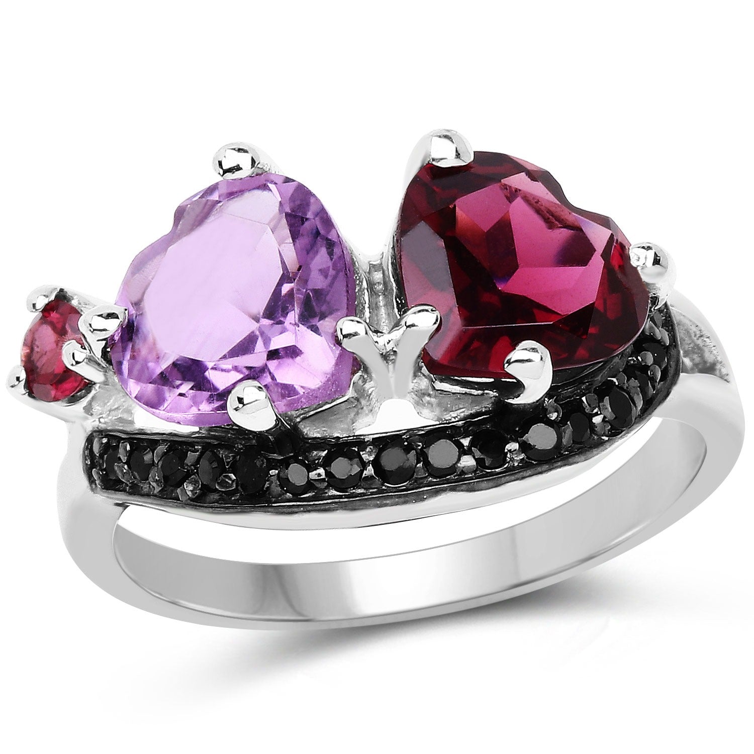 4.07 Ct Heart Purple Amethyst Prong Rhodolite Silver Toi et Moi Ring