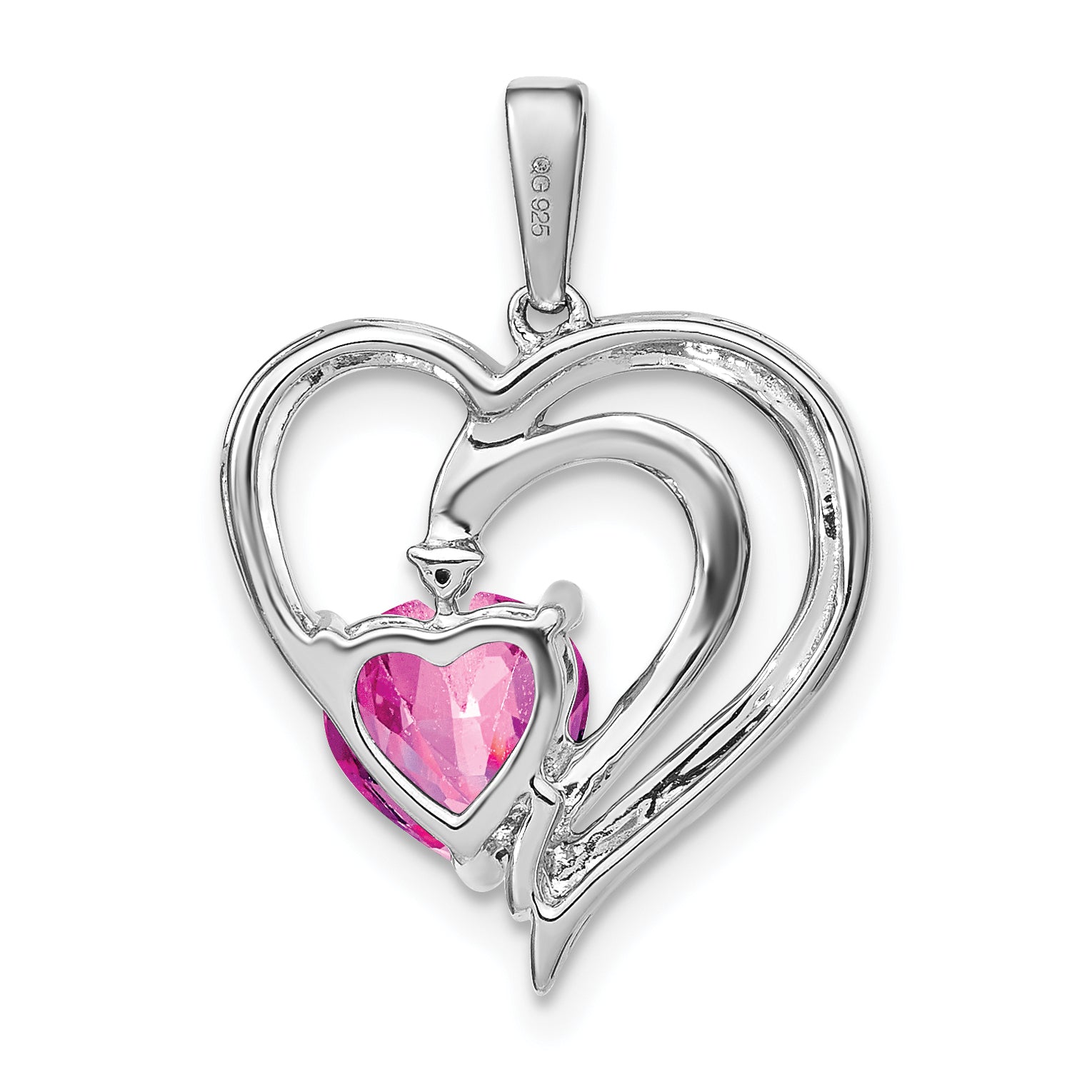 Created Pink Sapphire Diamond Heart Pendant Silver