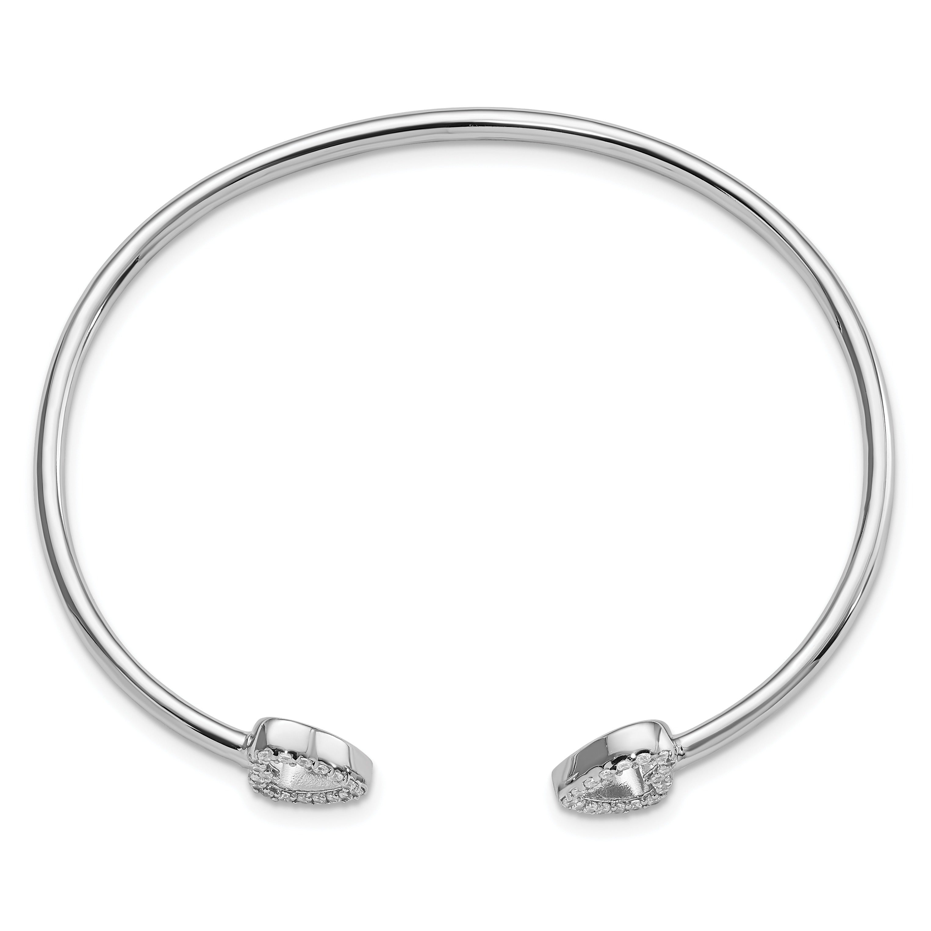 Cubic Zirconia Sterling Silver Two Heart Cuff Slip On Bangle Bracelet