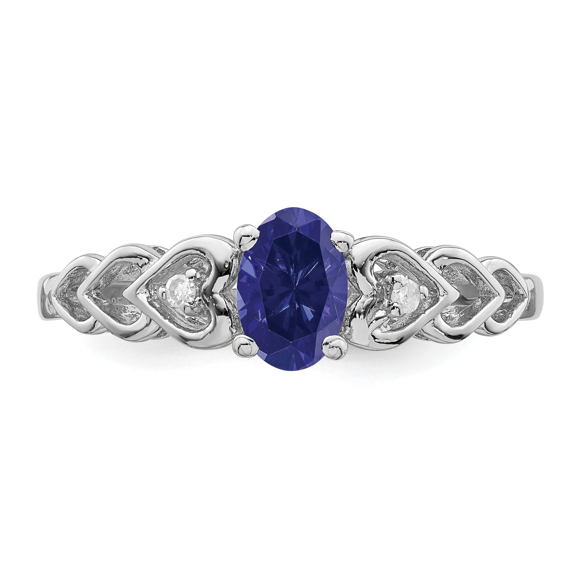 0.60 Ct Oval Blue Created Sapphire & Diamond Prong Rhodium-Plated Silver Heart Band Ring