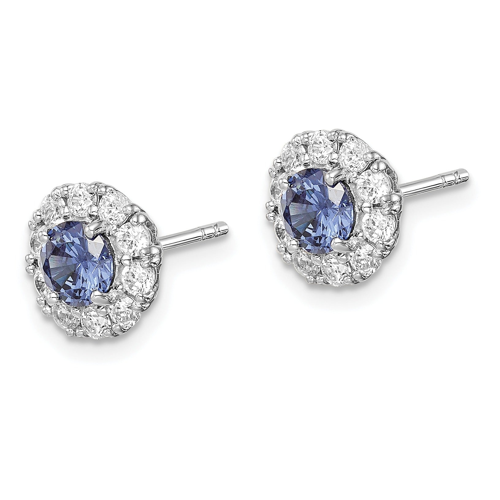 Round Blue Cubic Zirconia Prong Rhodium Plated Silver Halo Post Button Earrings