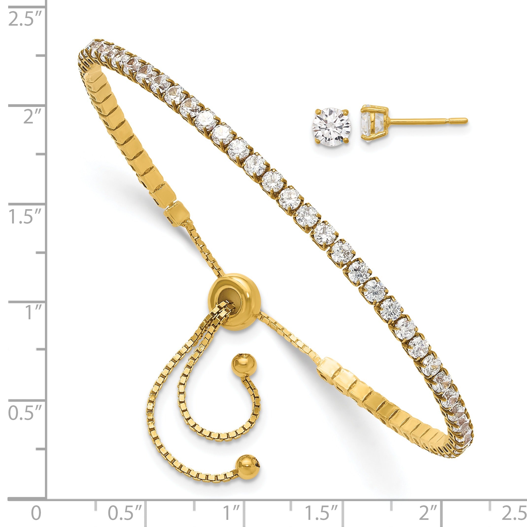 Round CZ Silver Adjustable Tennis Bolo Bracelet and Stud Earring Set