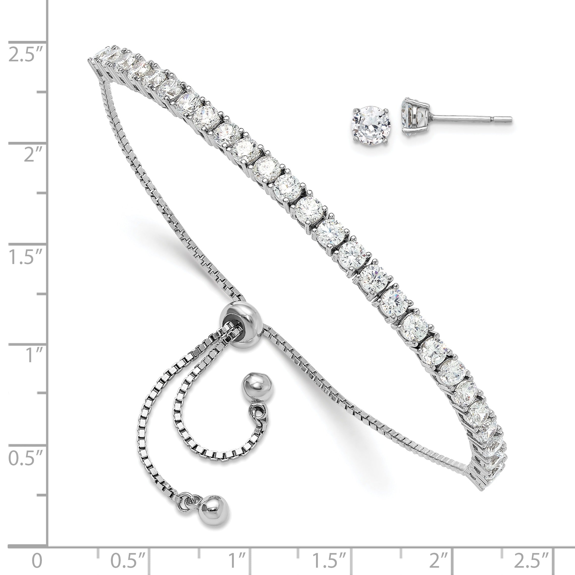 Round CZ Silver Adjustable Tennis Bolo Bracelet and Stud Earring Set