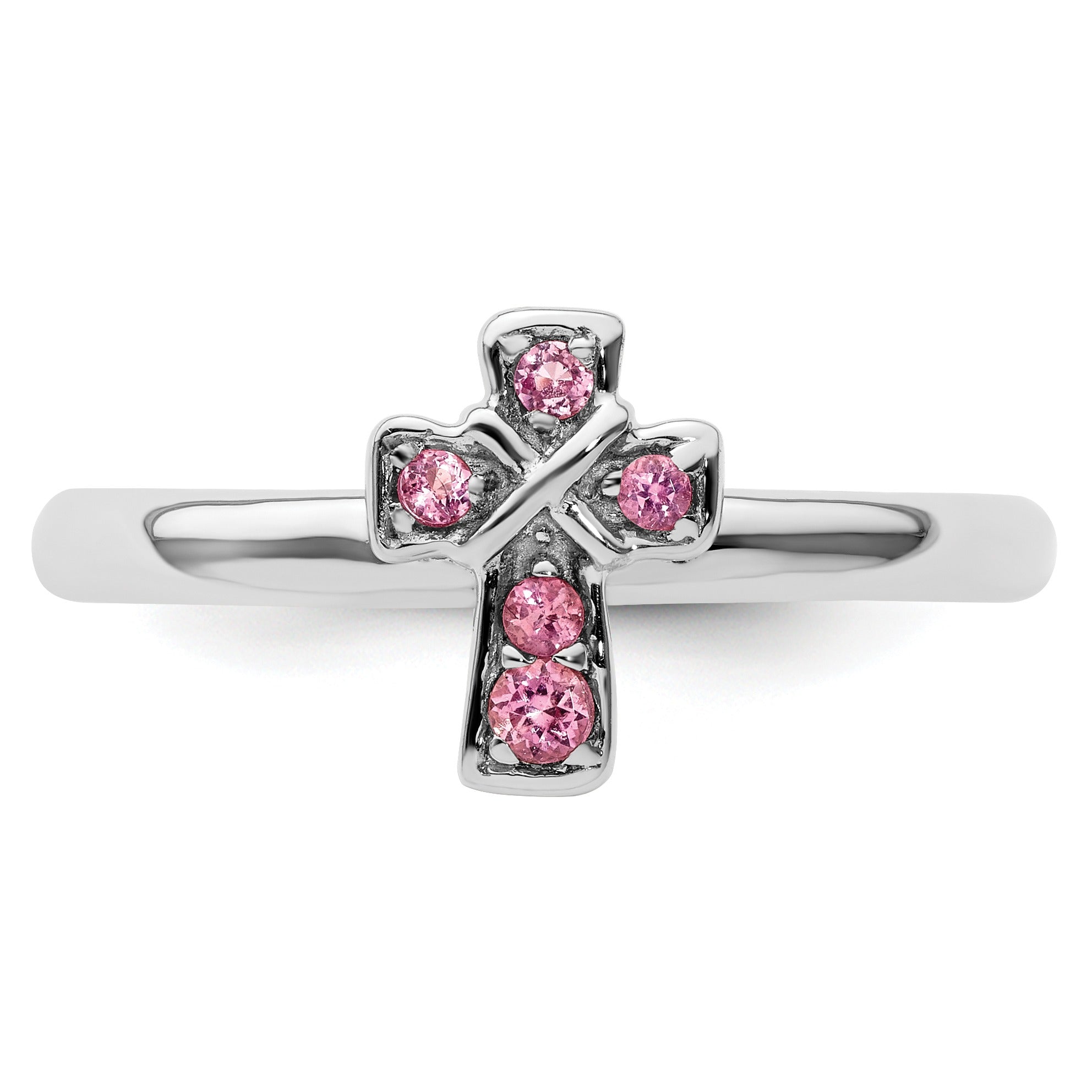 Silver ring featuring a cross design adorned with five pink gemstones, handcrafted fine jewelry