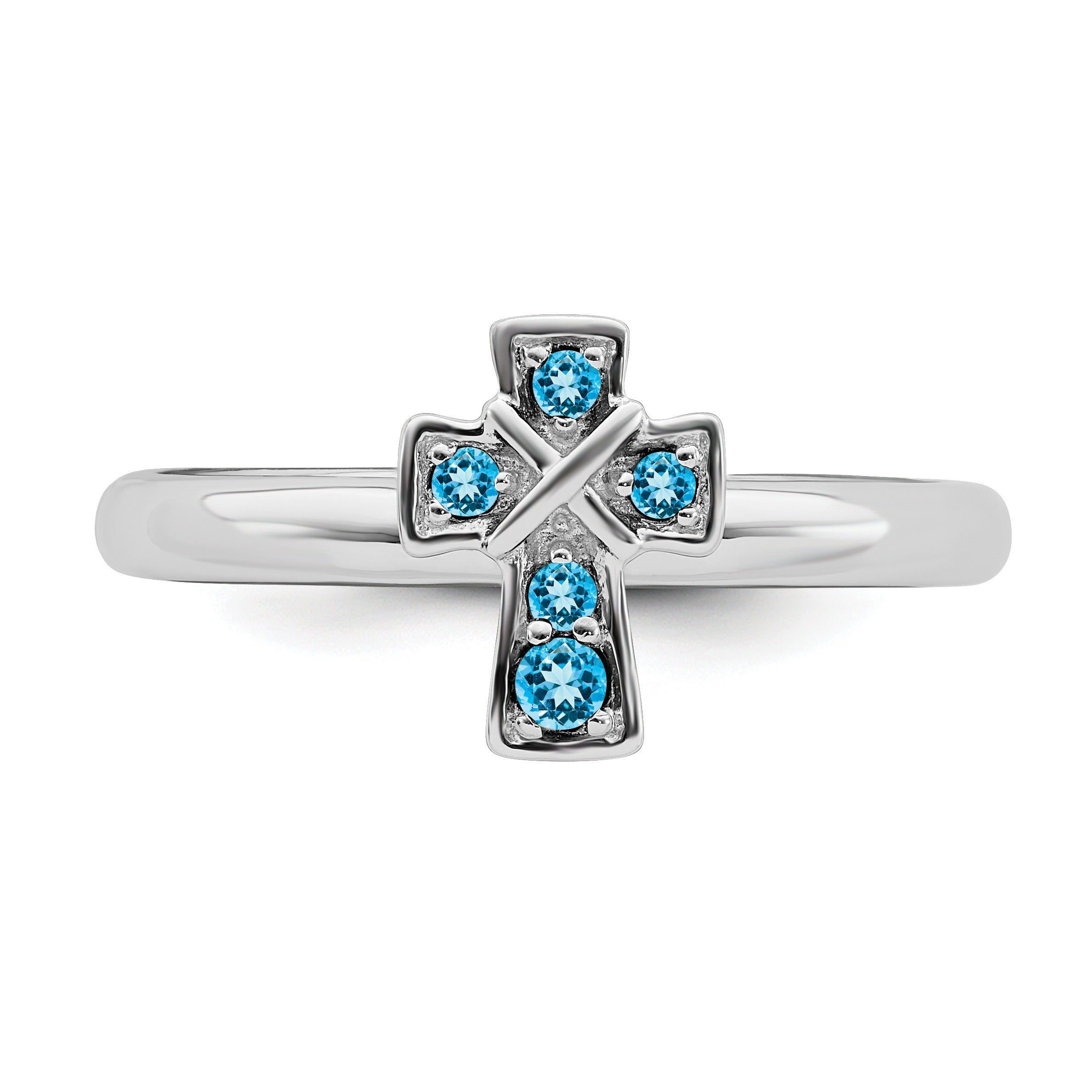 Natural Swiss Blue Topaz Silver Stackable Cross Ring