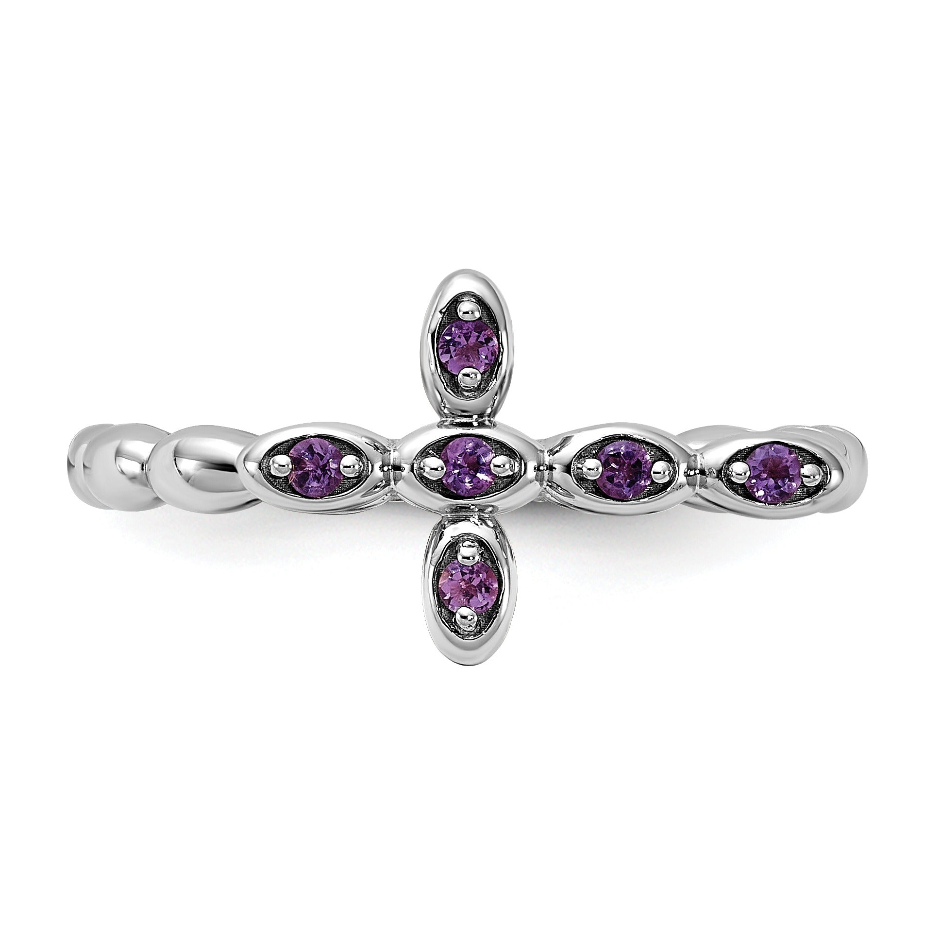 Silver Stackable Natural Amethyst Cross Ring