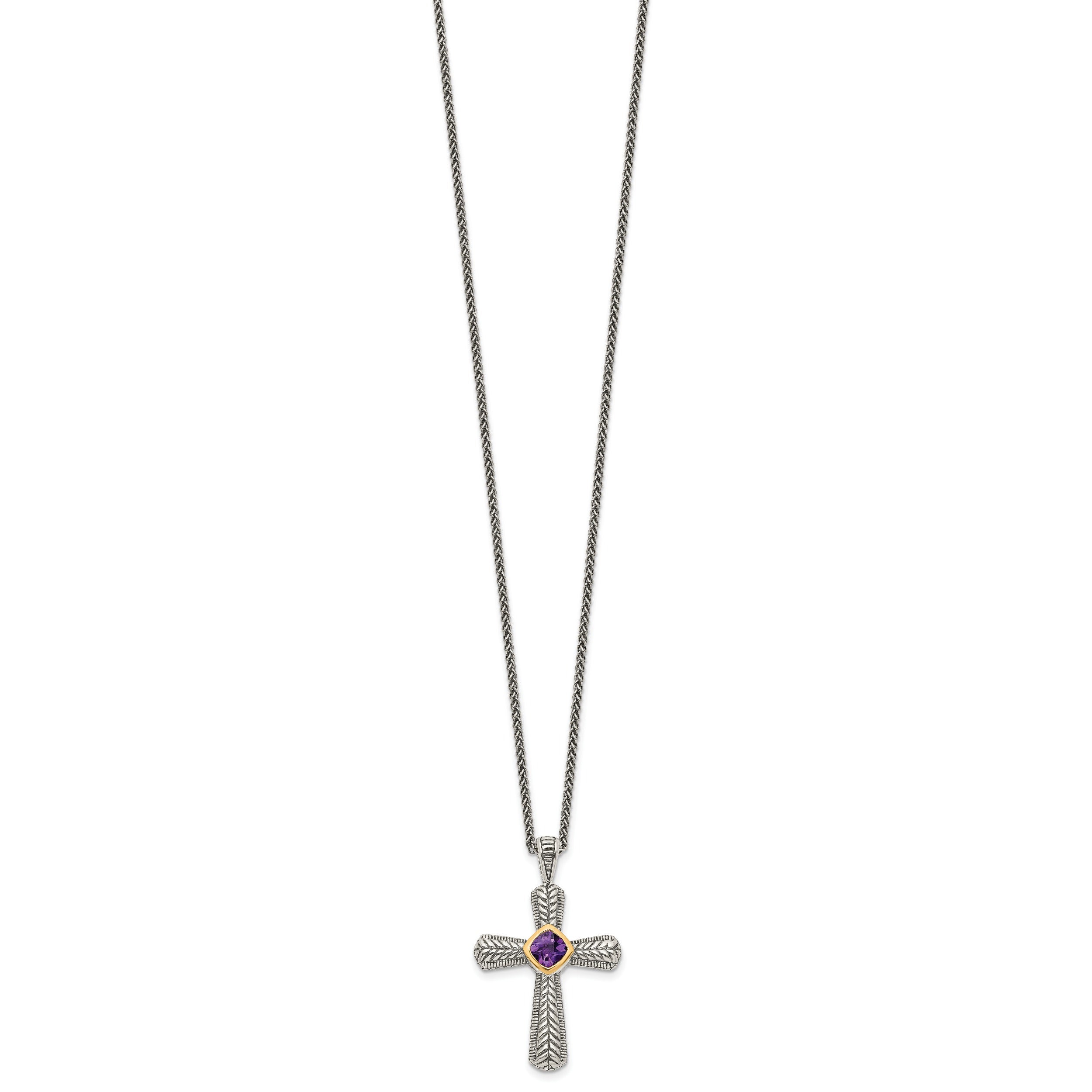 Purple Natural Amethyst Silver Cross Necklace