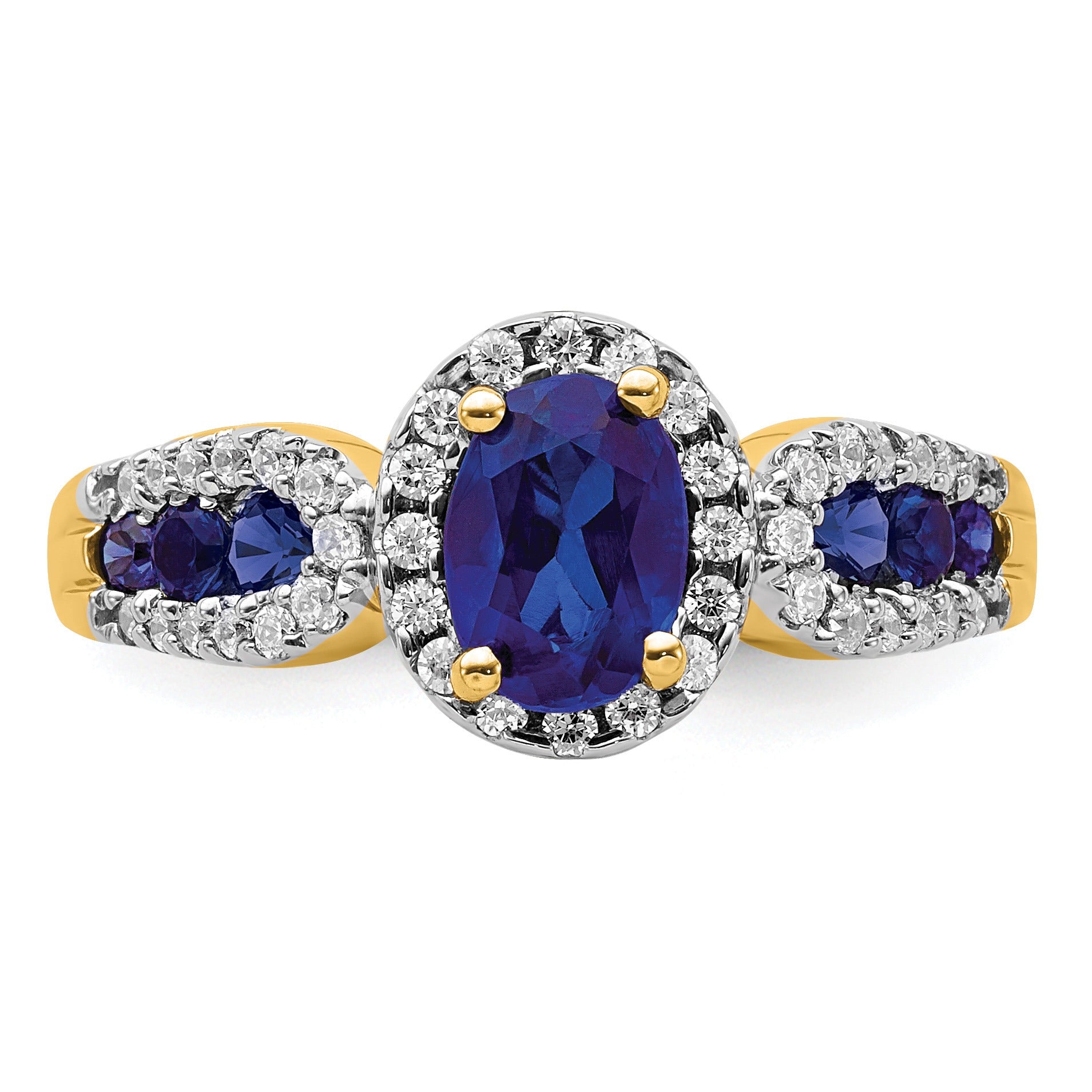 1.38 Ct Oval Blue Created Sapphire With Diamond Prong 14K Gold Engagement Halo Pave Ring
