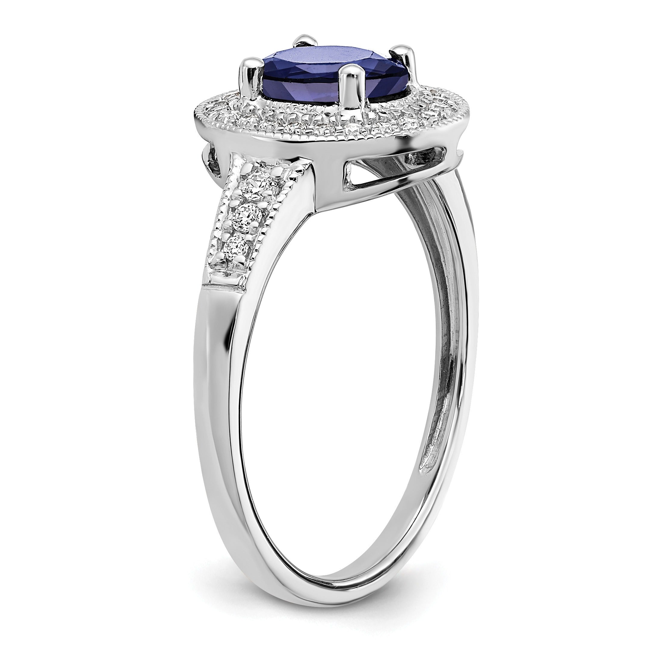 0.68 Ct Oval Lab Created Blue Sapphire and Diamond Prong 14K White Gold Halo Side Pave Ring
