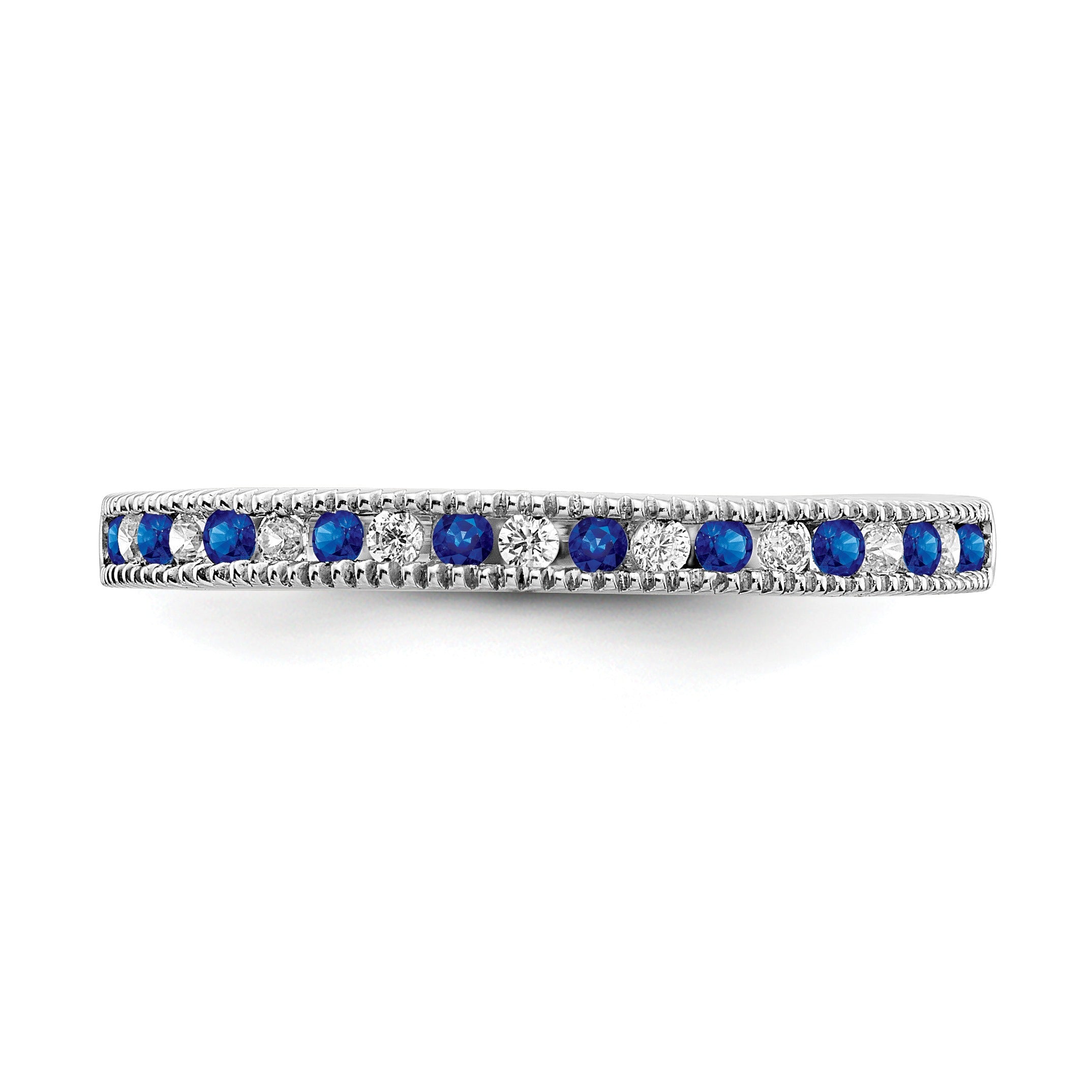 0.58 Ct Round Blue Sapphire & Diamond 14K White Gold Milgrain Band Ring
