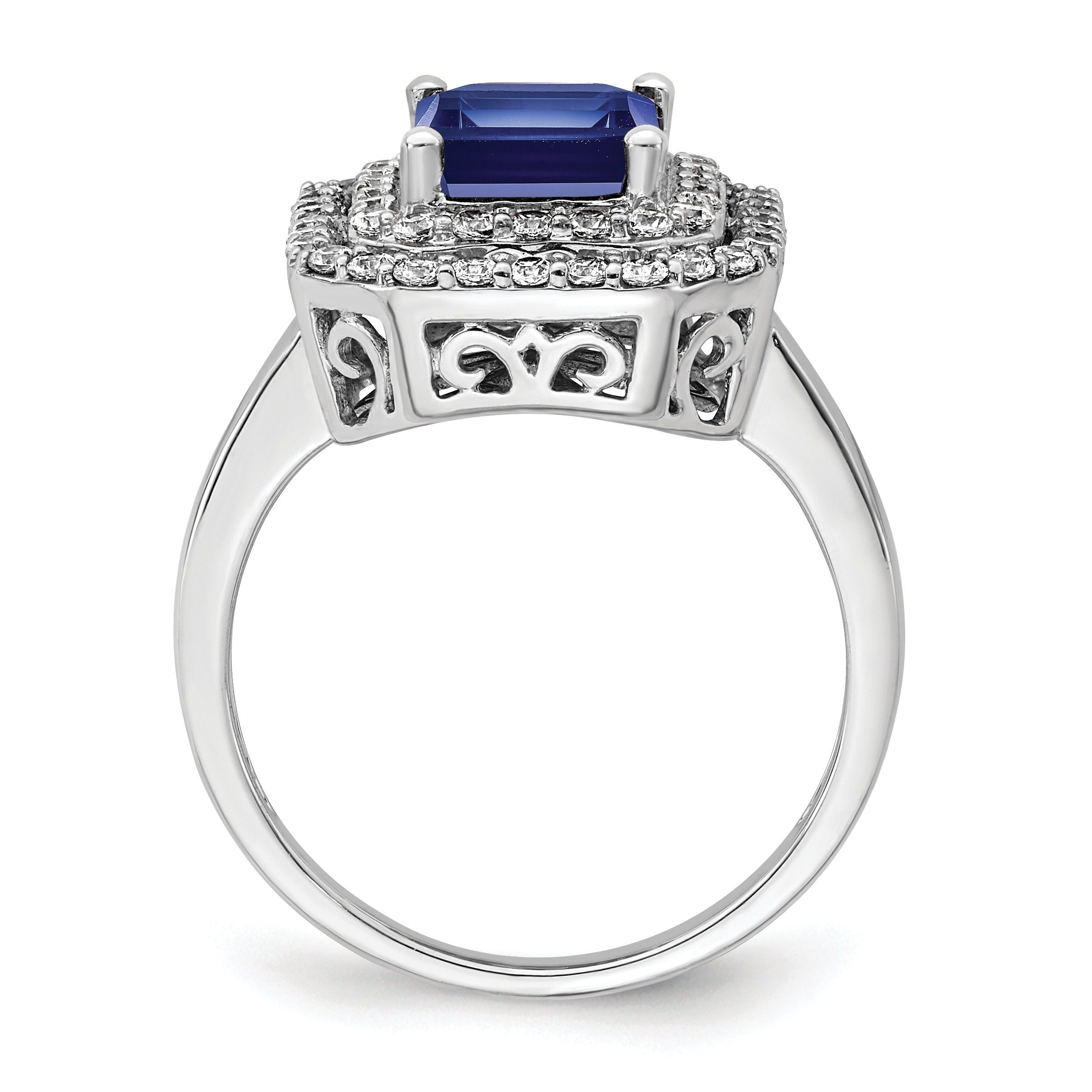 Emerald Cut Lab Created Blue Sapphire and Diamond 14K White Gold Double Halo Ring