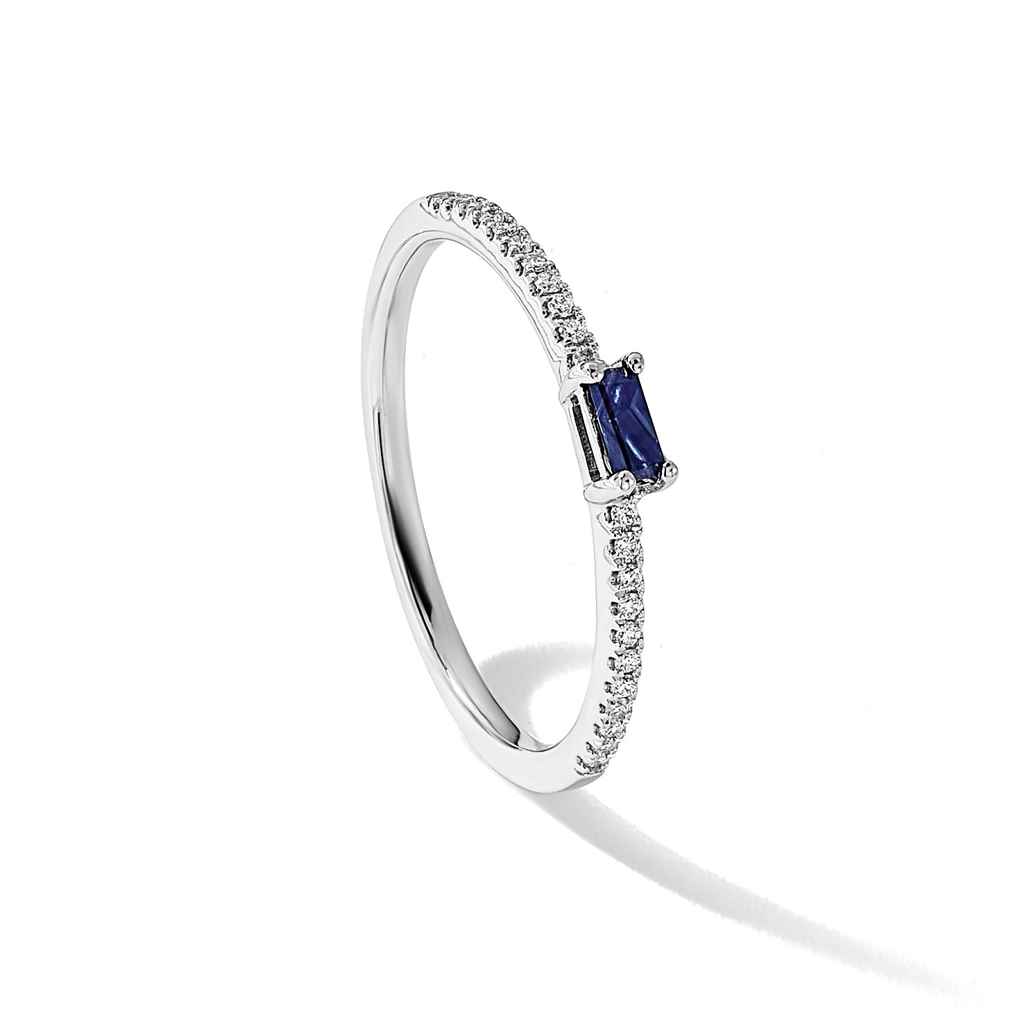 Baguette Blue Sapphire and Diamond Prong 14K White Gold Pave Classic Ring
