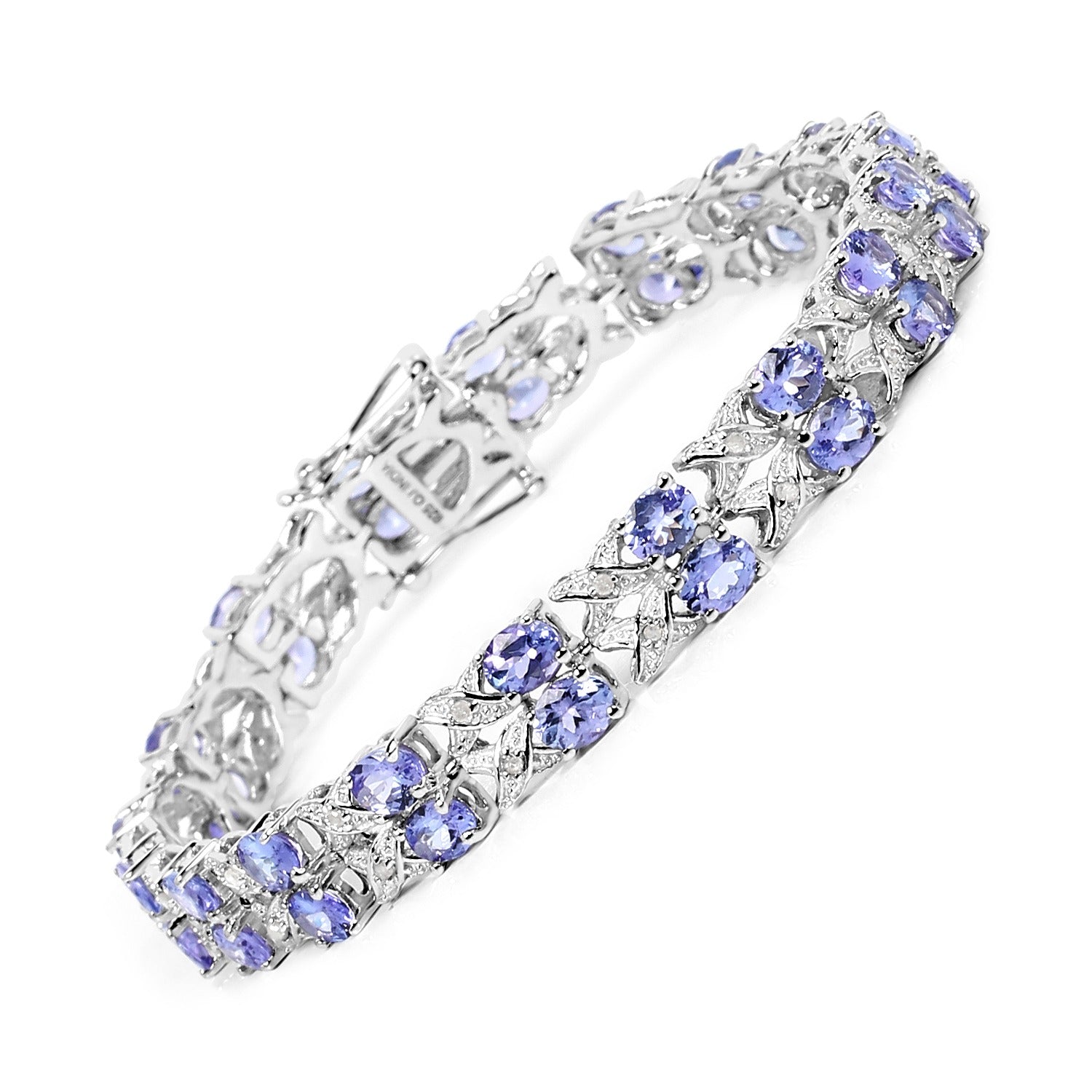 12.24 Ct Oval Violet Tanzanite and White Topaz Sterling Silver Two Row X-Link Bracelet