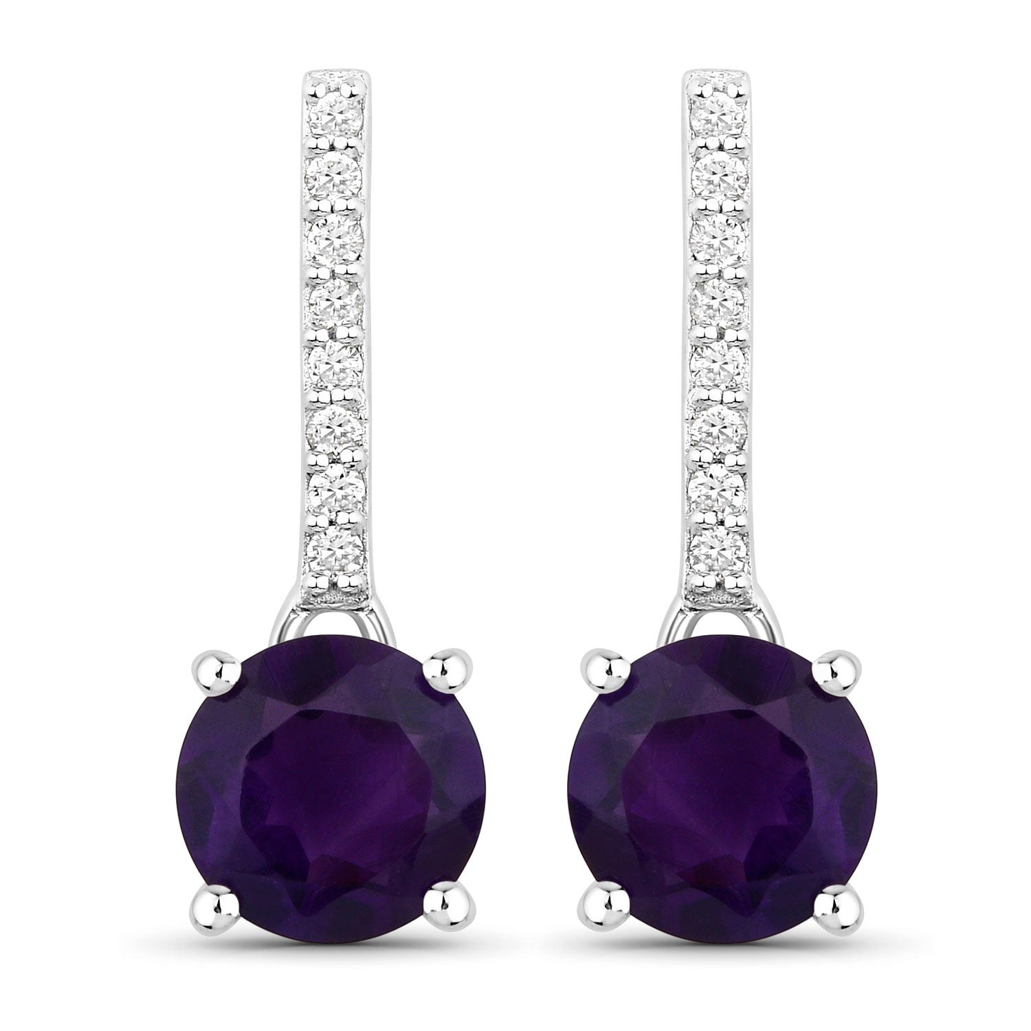 Genuine Amethyst and Diamond Silver Earrings
