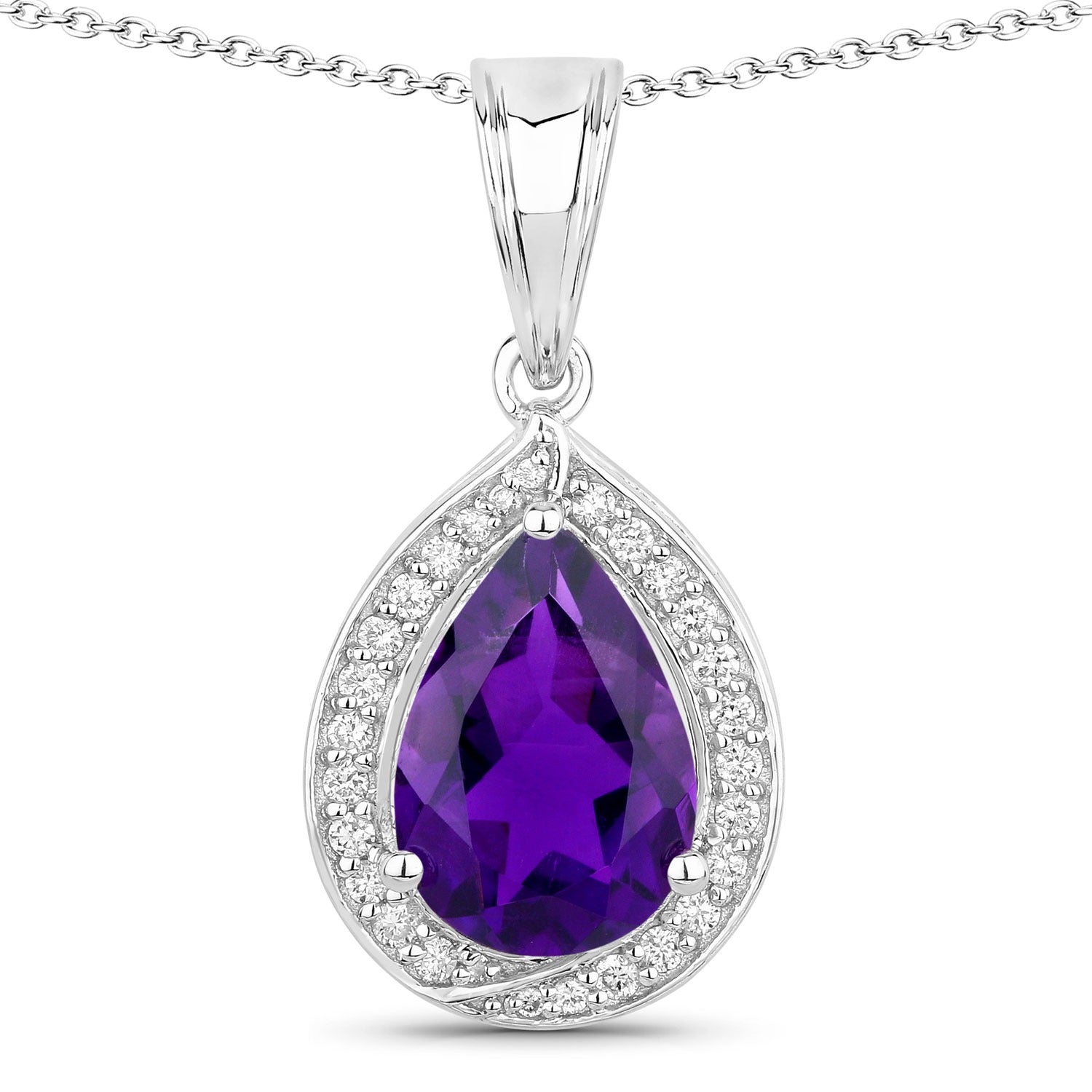 Genuine Amethyst and Lab Grown Diamond 925 Silver Necklace Fine Color Jewels