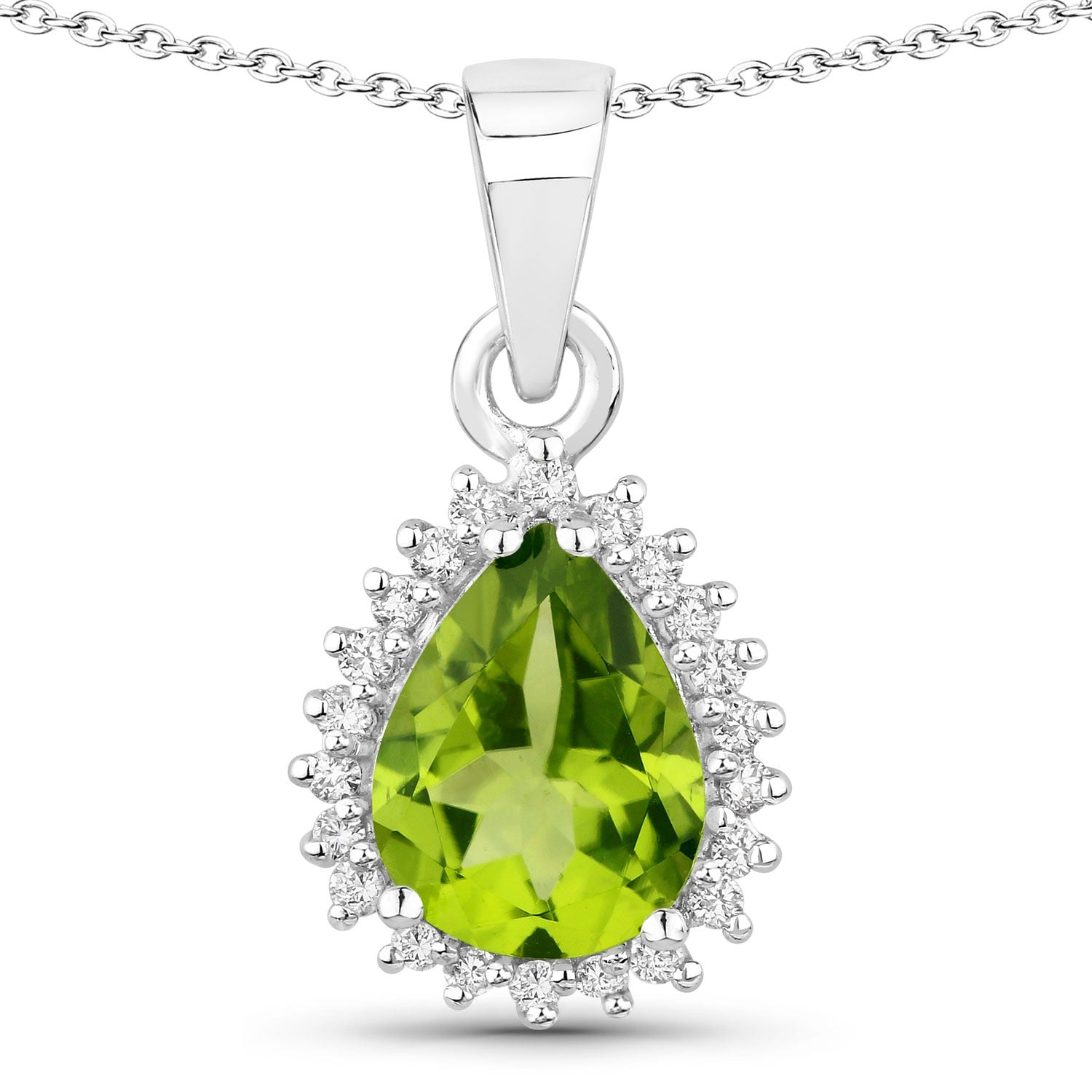 1.63 Ct Genuine Peridot and Lab Grown Diamond Silver Pear Necklace