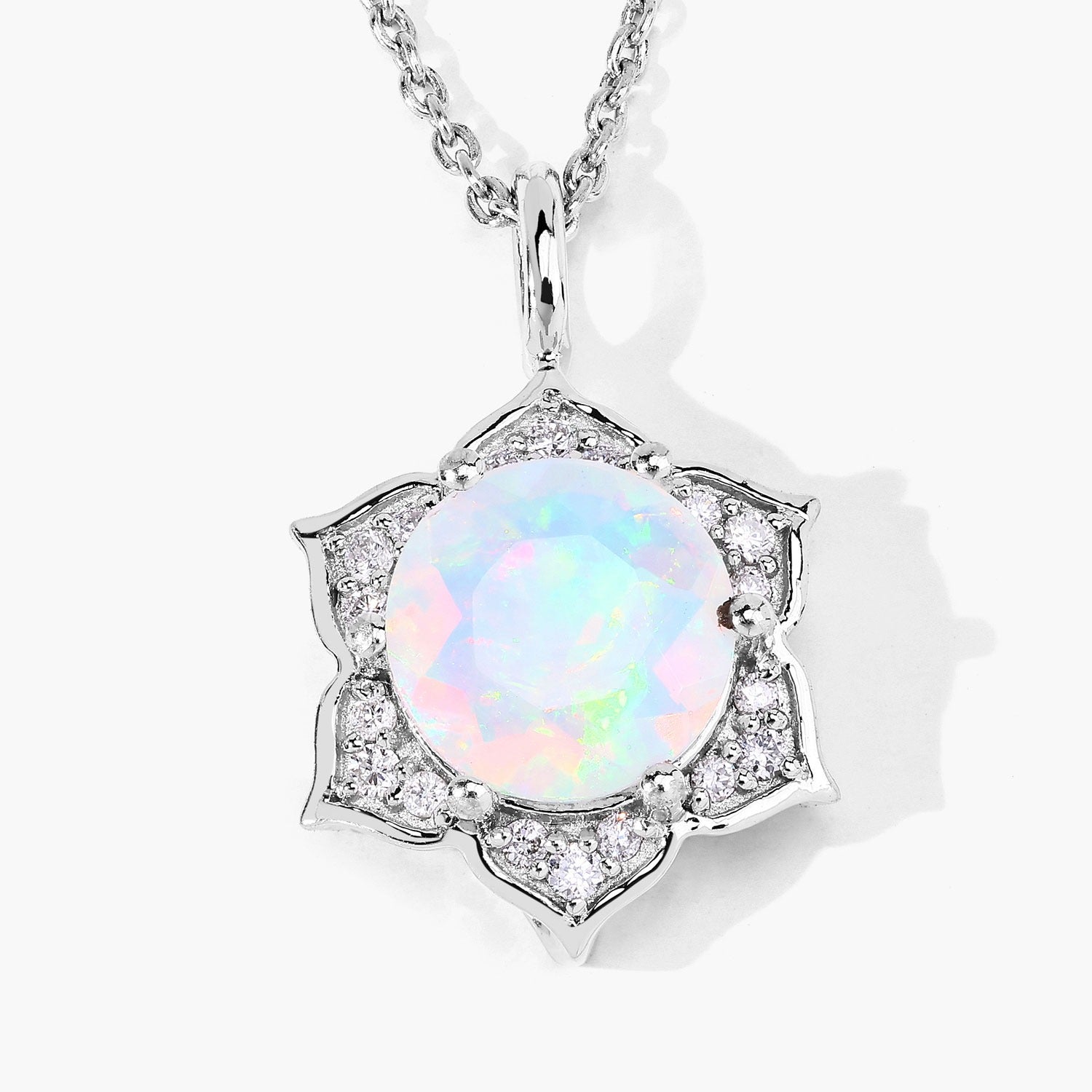 1.03 Ct Genuine Ethiopian Opal and Lab Diamond Silver Star Necklace