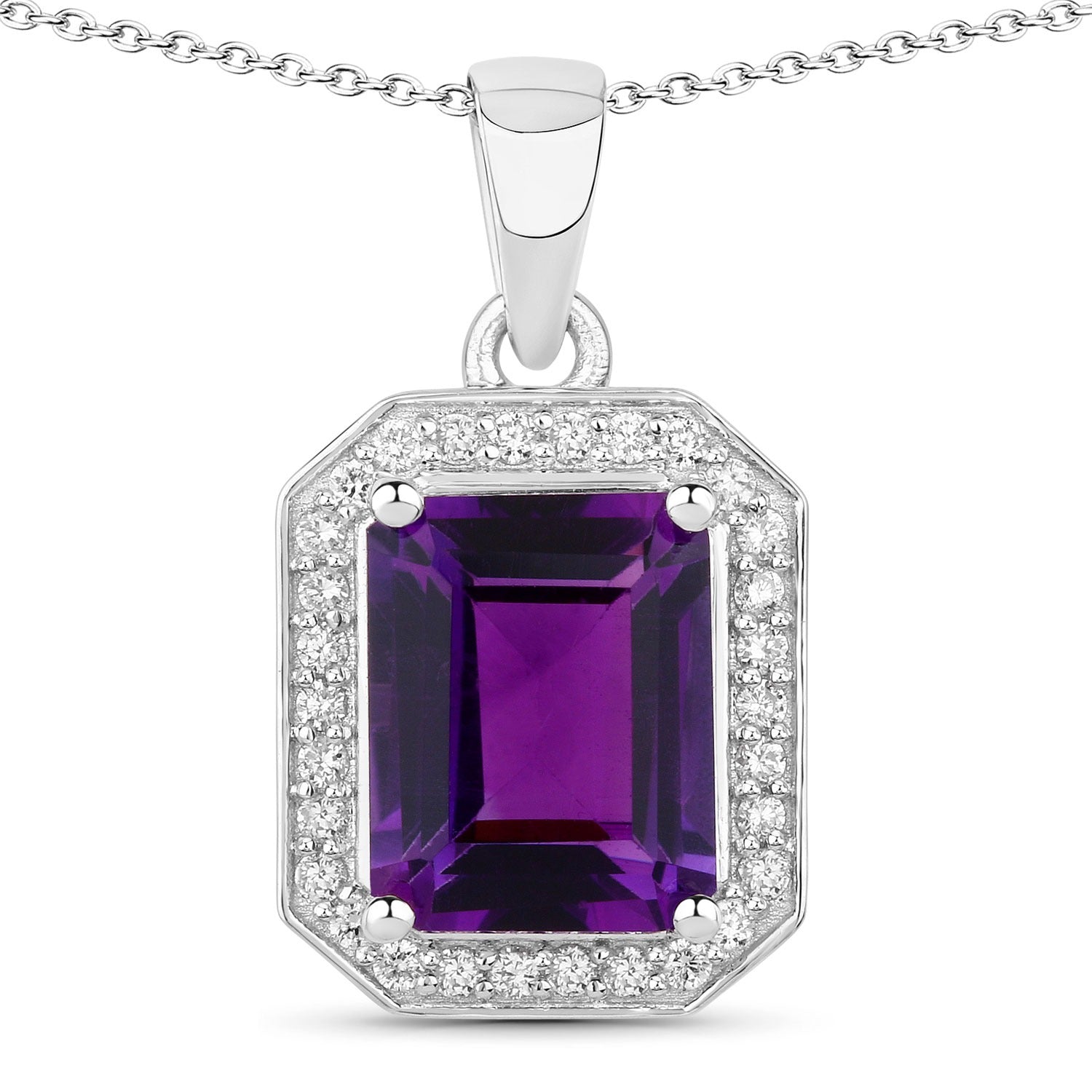 2.28 Ct Genuine Amethyst and Lab Diamond Silver Halo Necklace