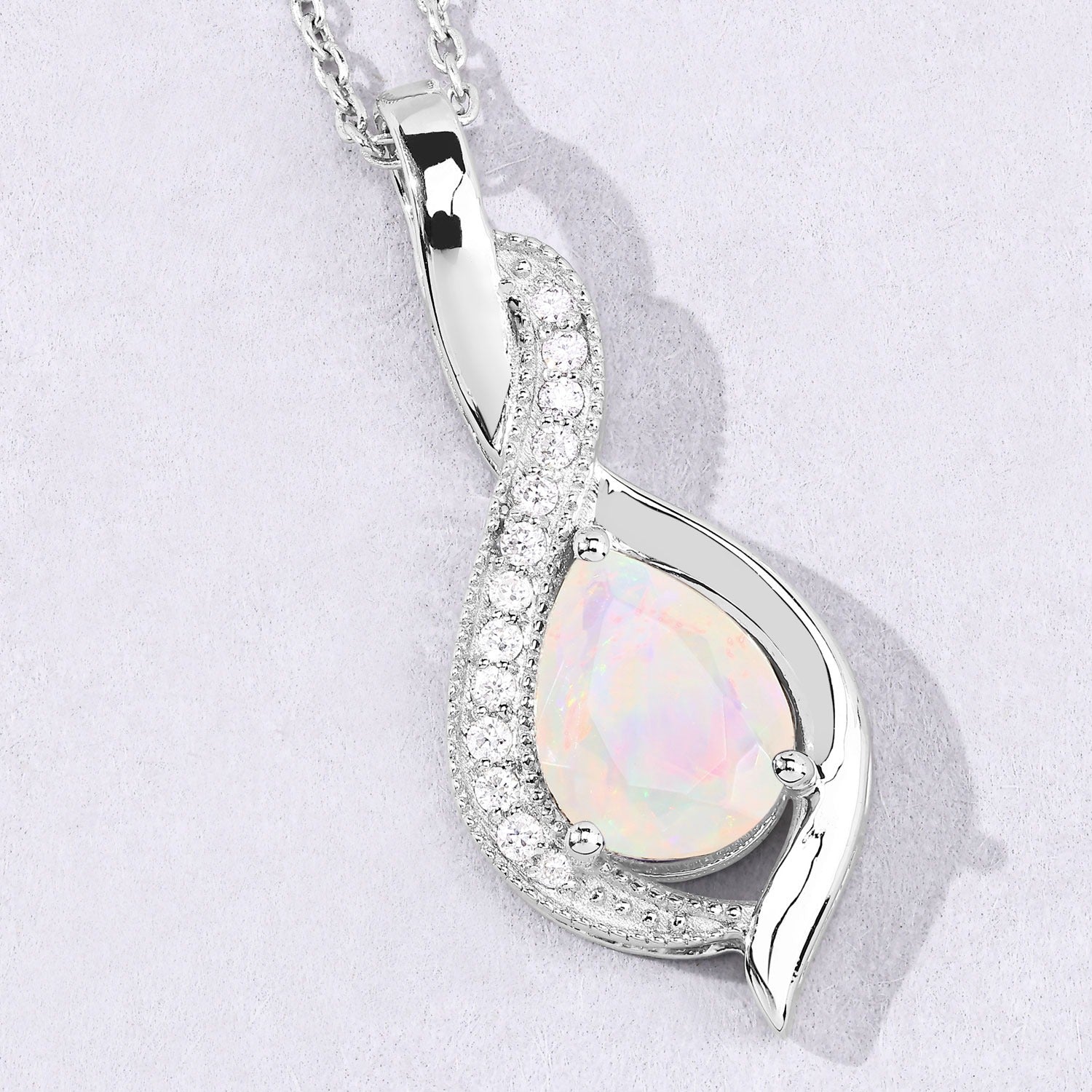 1.02 Ct Genuine Ethiopian Opal and Lab Diamond Silver Teardrop Crossover Pendant Necklace
