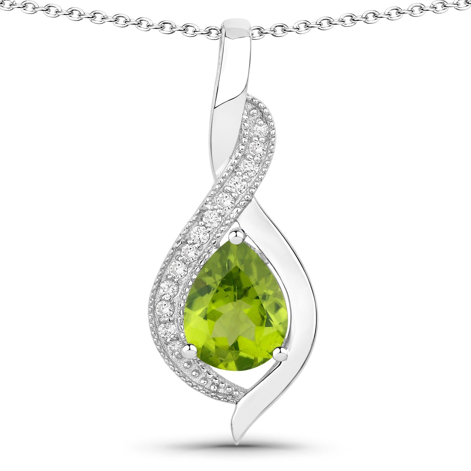 1.58 Ct Genuine Peridot and Lab Grown Diamond Silver Teardrop Necklace