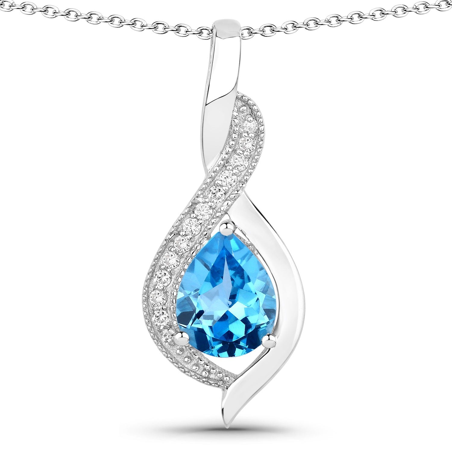 2.02 Ct Genuine Swiss Blue Topaz and Lab Grown Diamond Silver Teardrop Necklace