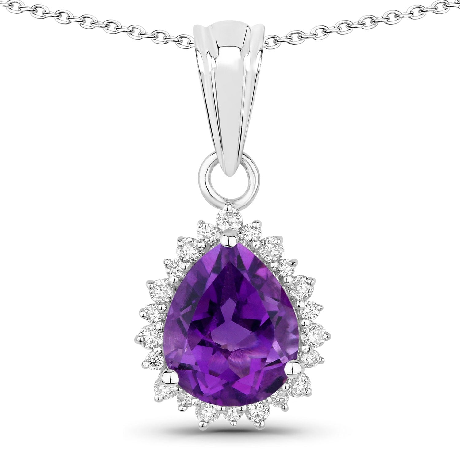 2.35 Ct Genuine Amethyst and Lab Grown Diamond Silver Halo Necklace