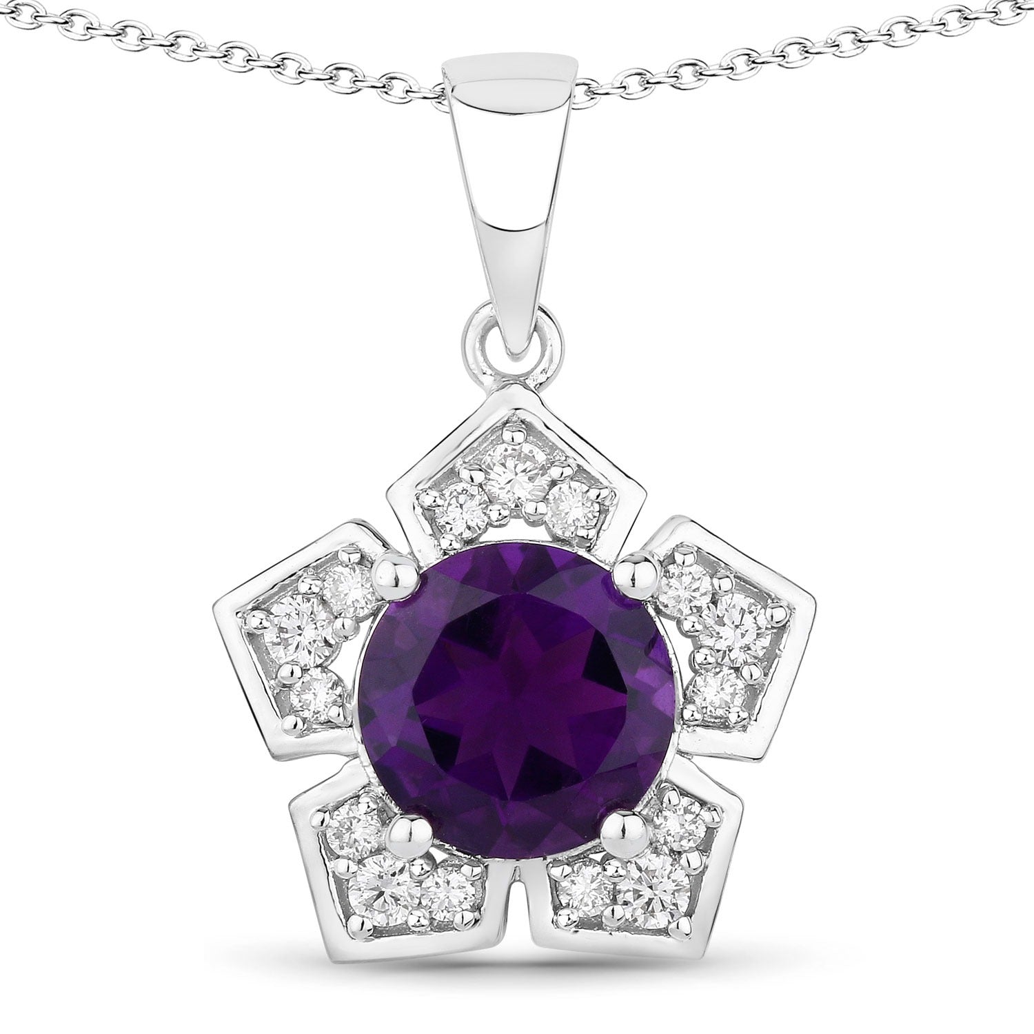 2.73 Ct Genuine Amethyst and Lab Diamond Silver Floral Necklace