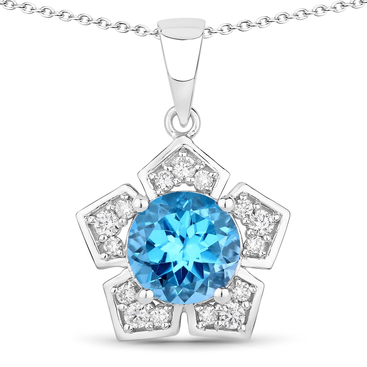 4.08 Ct Genuine Swiss Blue Topaz and Lab Grown Diamond Silver Floral Necklace