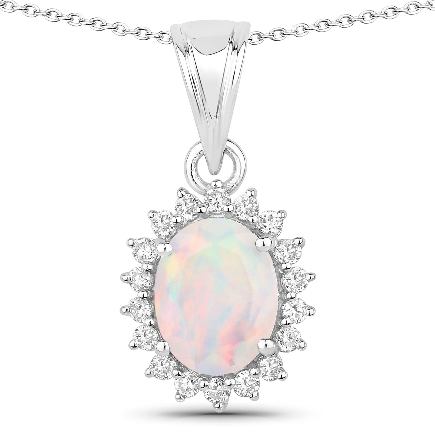 1.17 Ct Genuine Ethiopian Opal and Lab Grown Diamond Silver Halo Necklace
