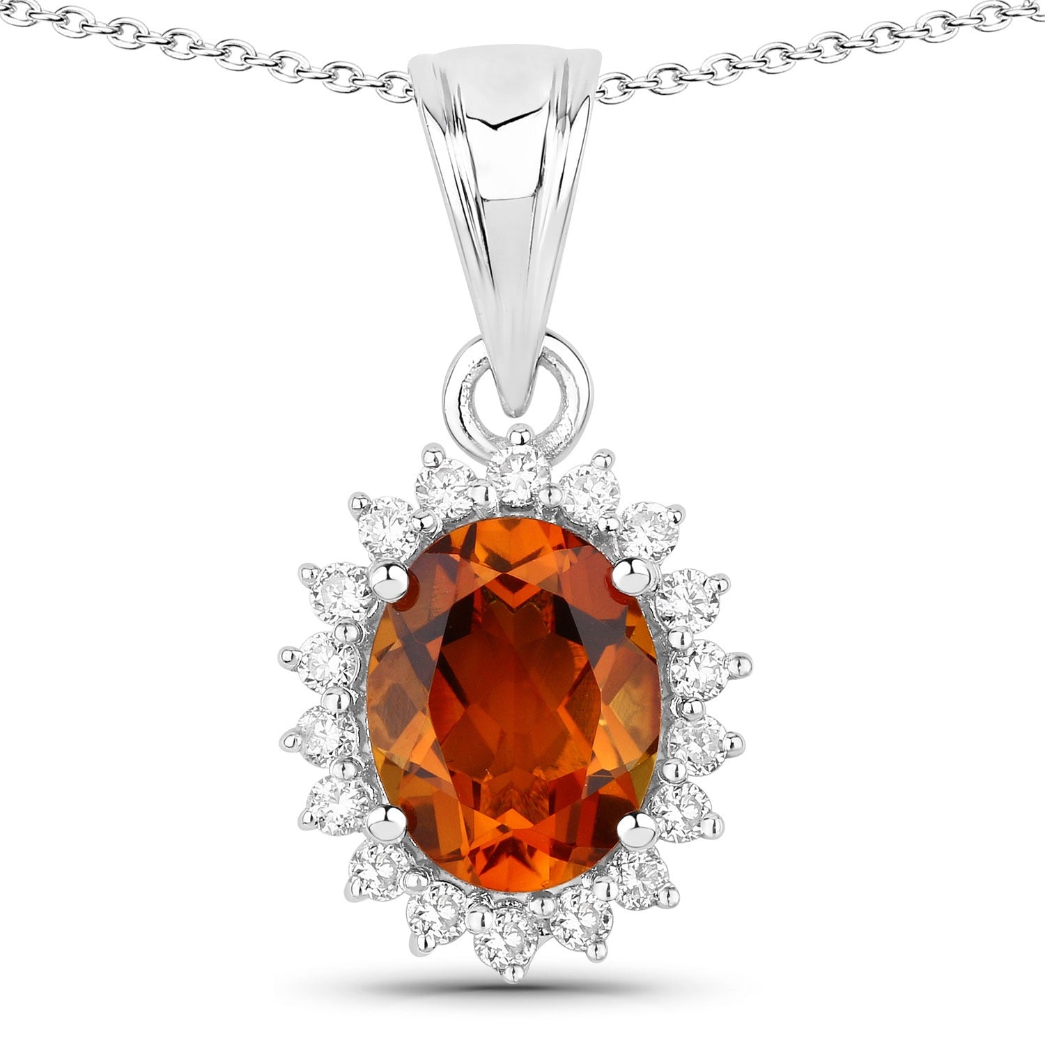 1.97 Ct Genuine Madeira Citrine and Lab Grown Diamond Silver Halo Necklace