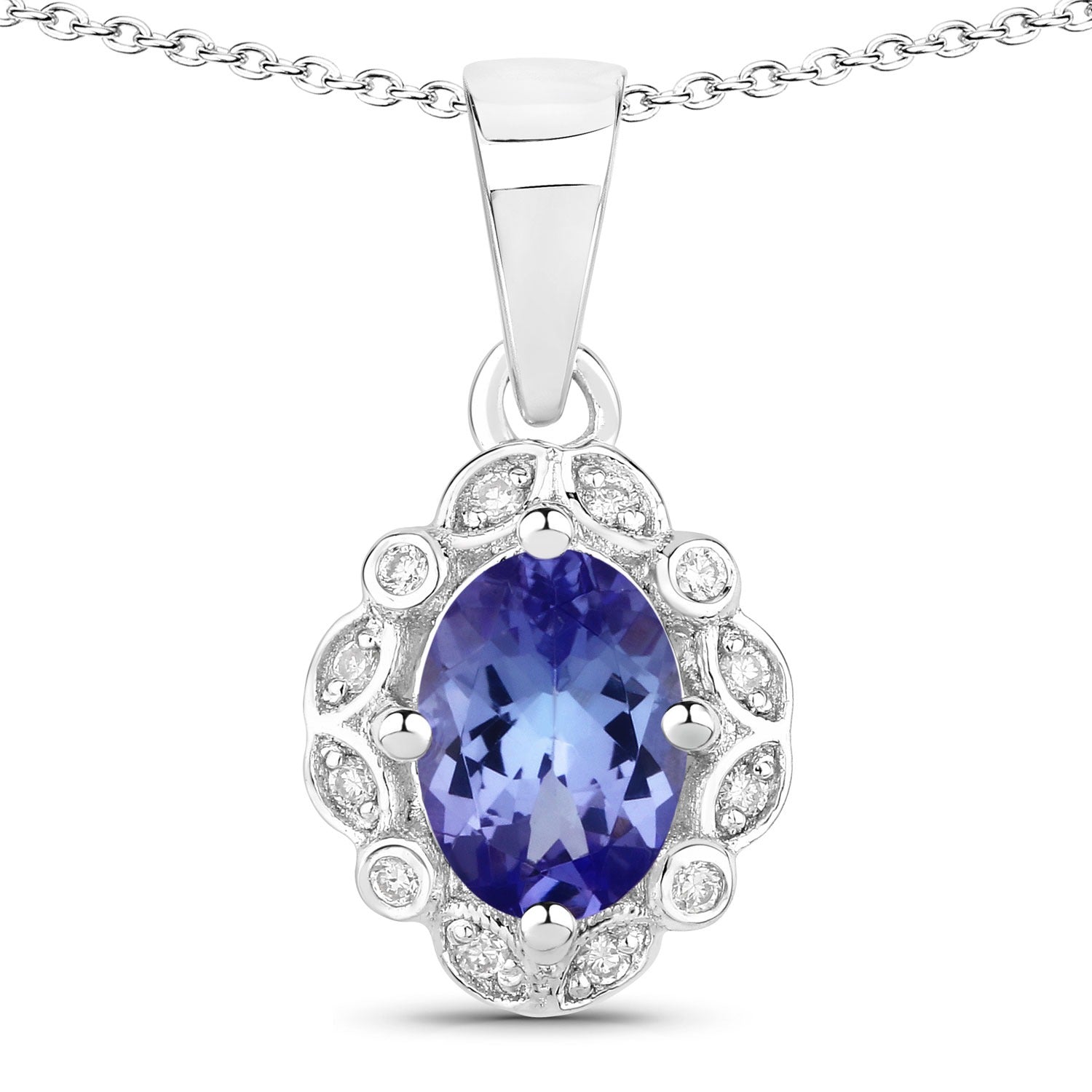 0.81 Ct Genuine Oval Tanzanite and Lab Diamond Silver Halo Necklace