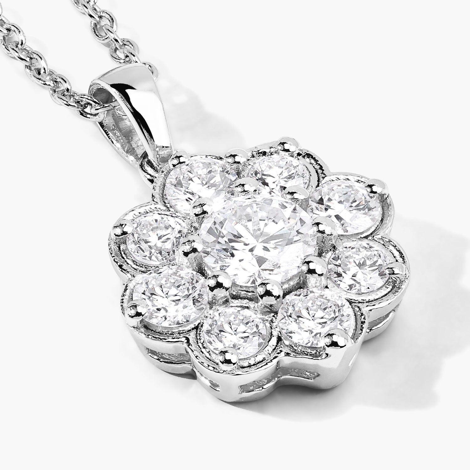 1 Cttw Round Lab Diamond Prong Rhodium Plated Silver Scalloped Floral Halo Cluster Pendant
