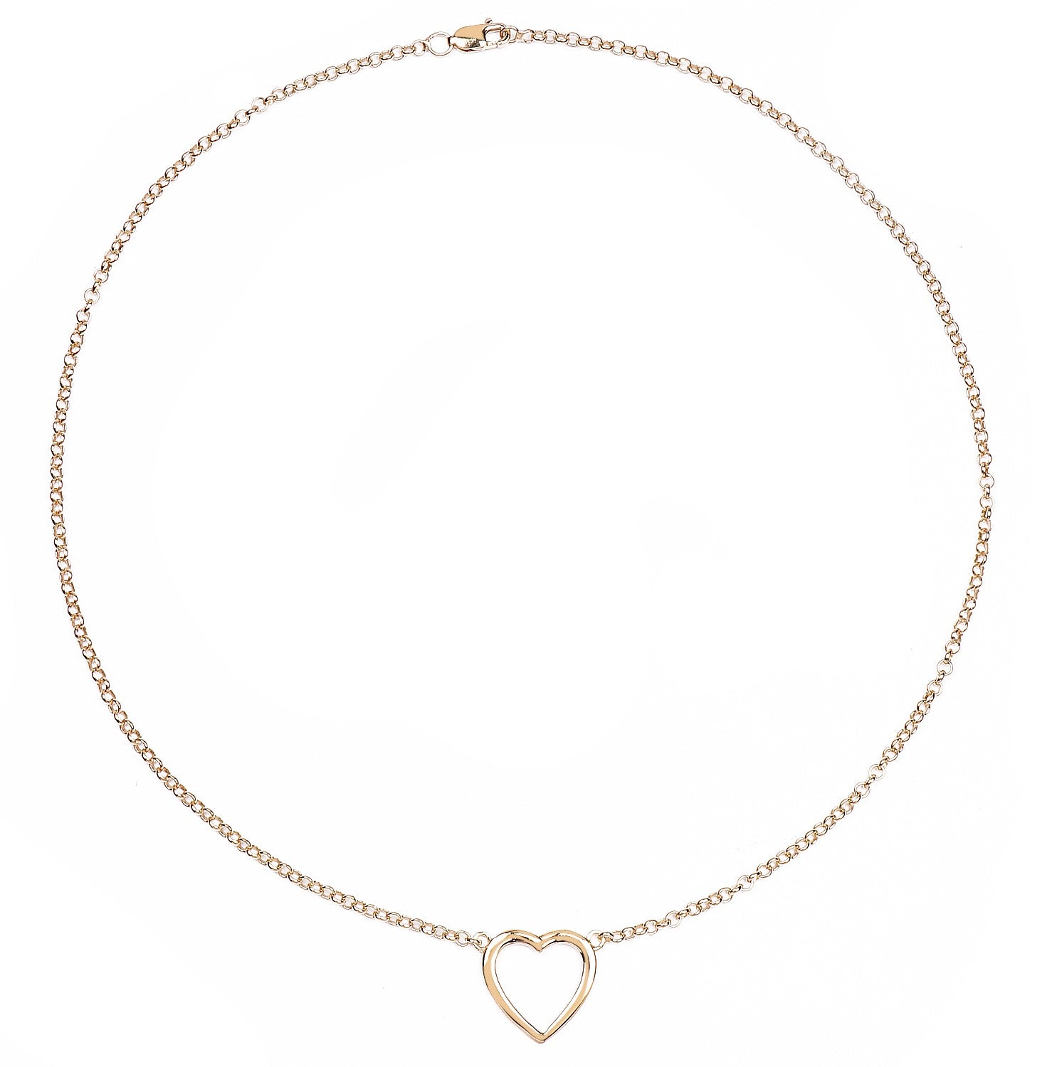 Gold chain necklace with open heart pendant, handcrafted fine jewelry on white background