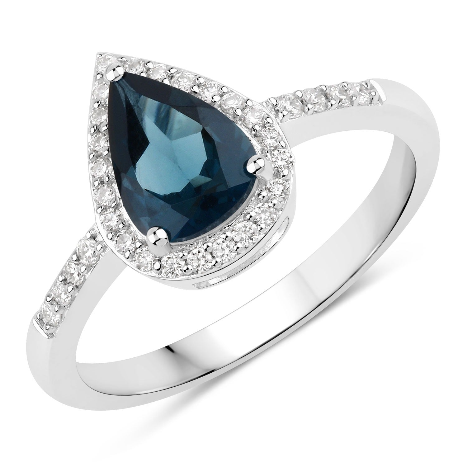 1.33 Ct Genuine London Blue Topaz and Lab Diamond Silver Halo Bridge Ring Fine Color Jewels