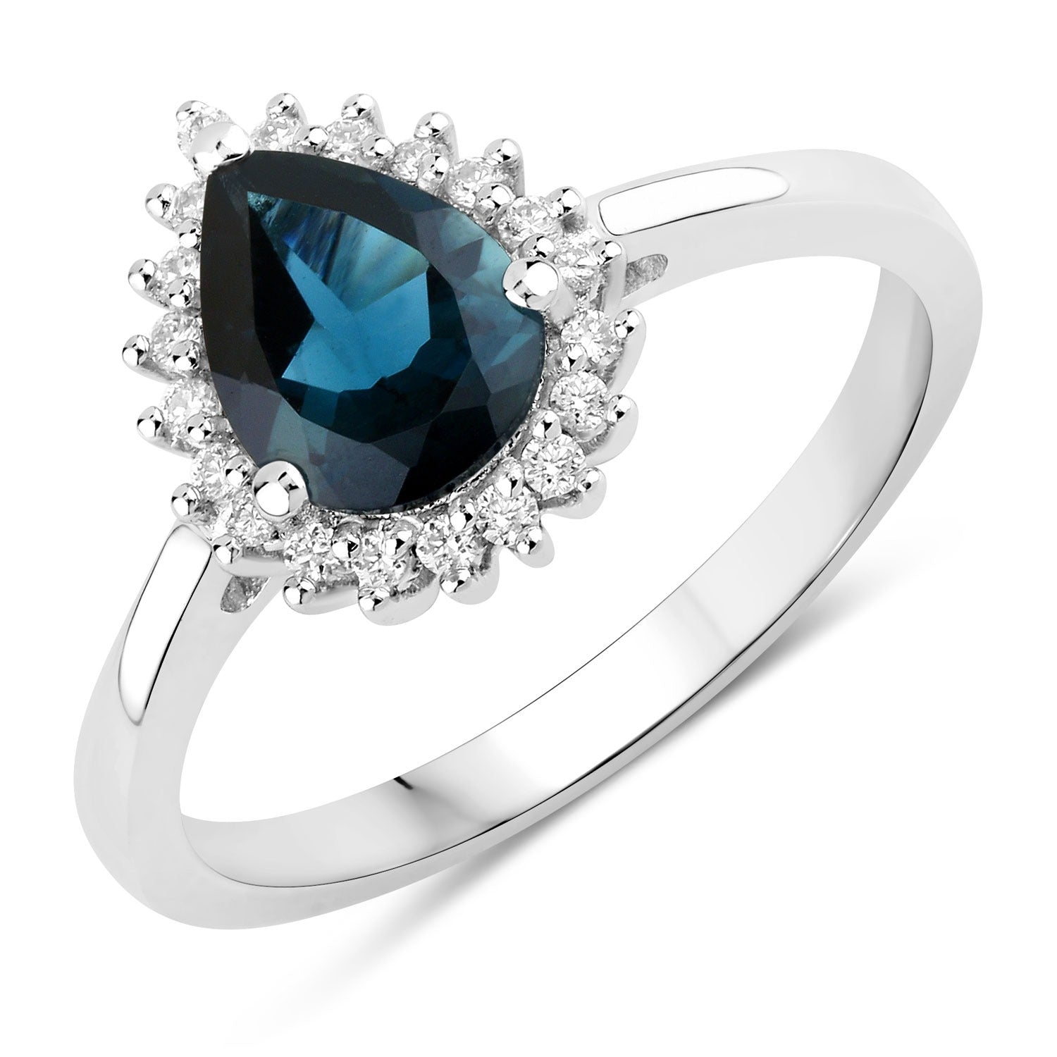 1.27 Ct Genuine London Blue Topaz and Lab Diamond Silver Pear Shaped Halo Ring Fine Color Jewels