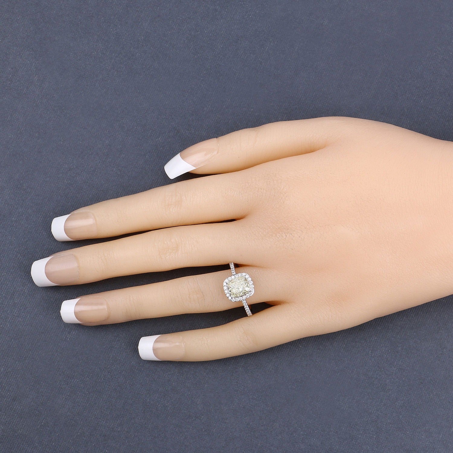 2.05 Ct Cushion Cut Genuine Yellow Diamond 18K White Gold Ring