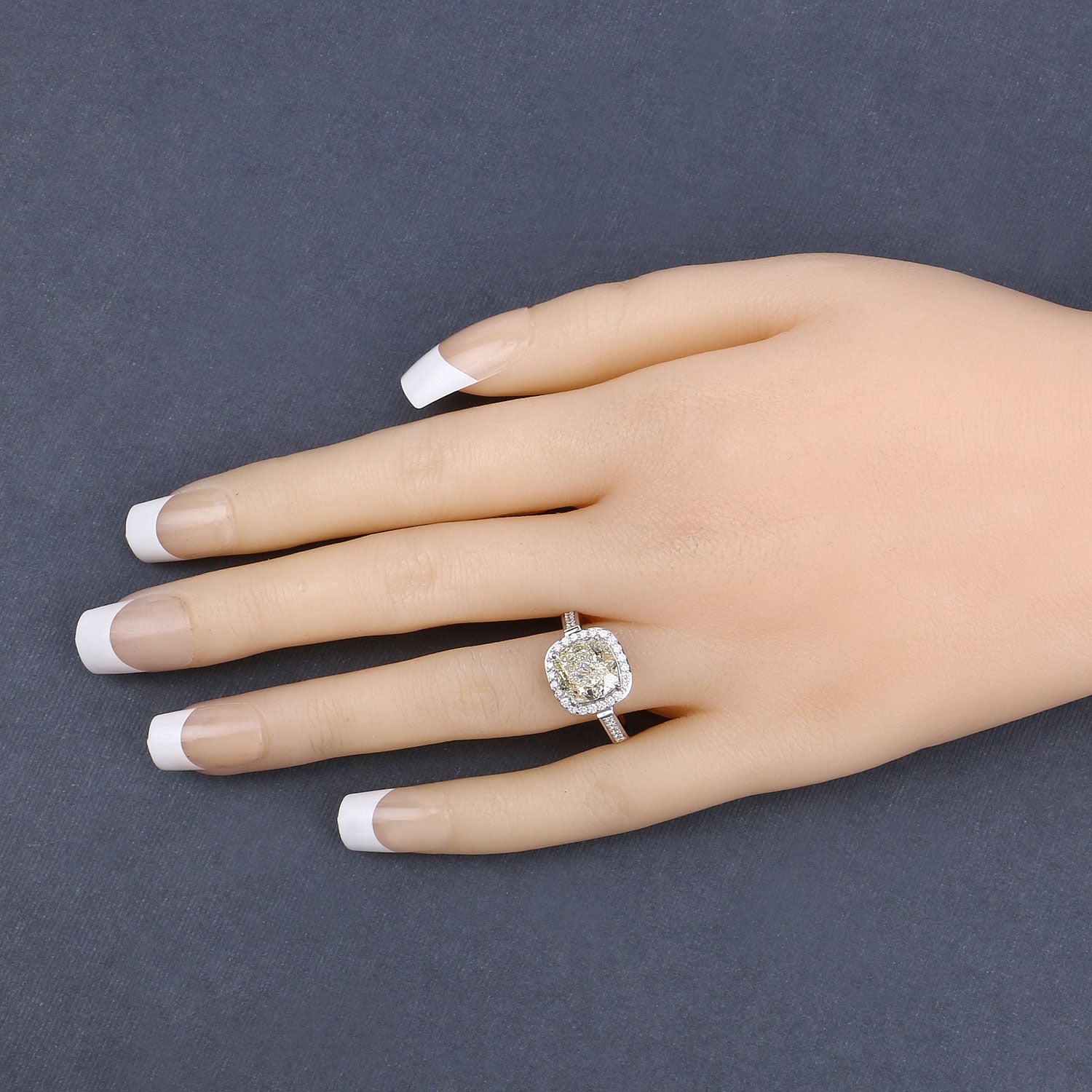 4.02 Ct Natural Yellow Diamond 18K White Gold Halo Cushion Ring