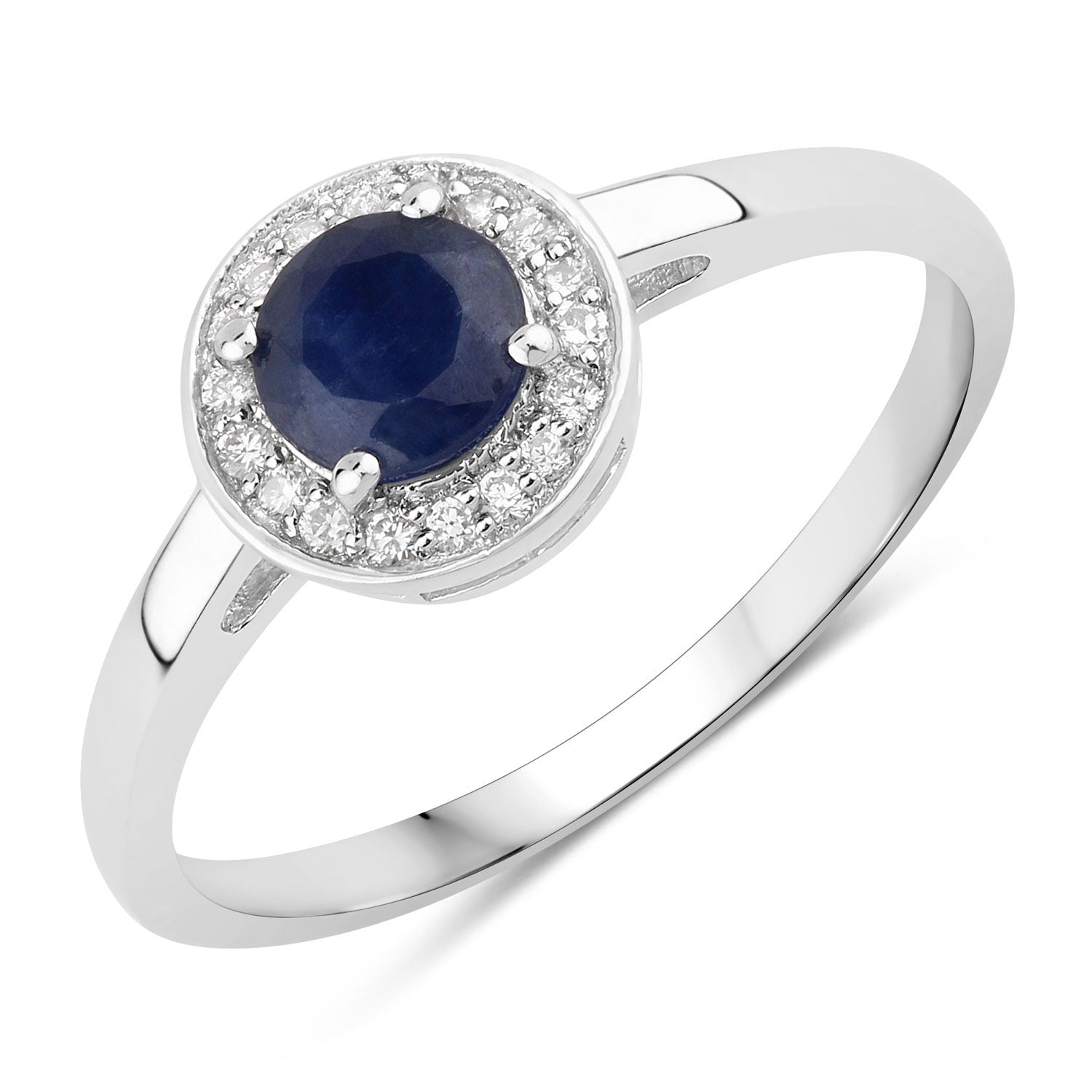 0.74 Ct Genuine Blue Sapphire and Lab Grown Diamond Silver Halo Ring Fine Color Jewels
