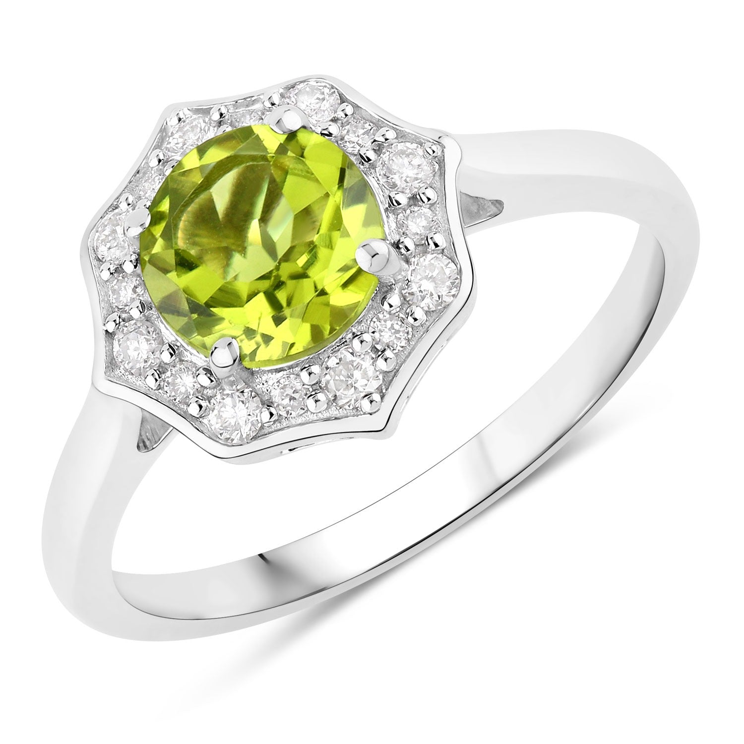 1.27 Ct Genuine Green Peridot and Lab Diamond Sterling Silver Halo Ring Fine Color Jewels