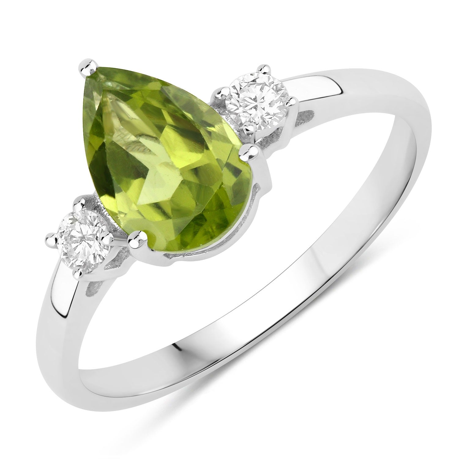 1.22 Ct Genuine Pear Shaped Green Peridot and Lab Diamond Silver 3 Stone Ring Fine Color Jewels
