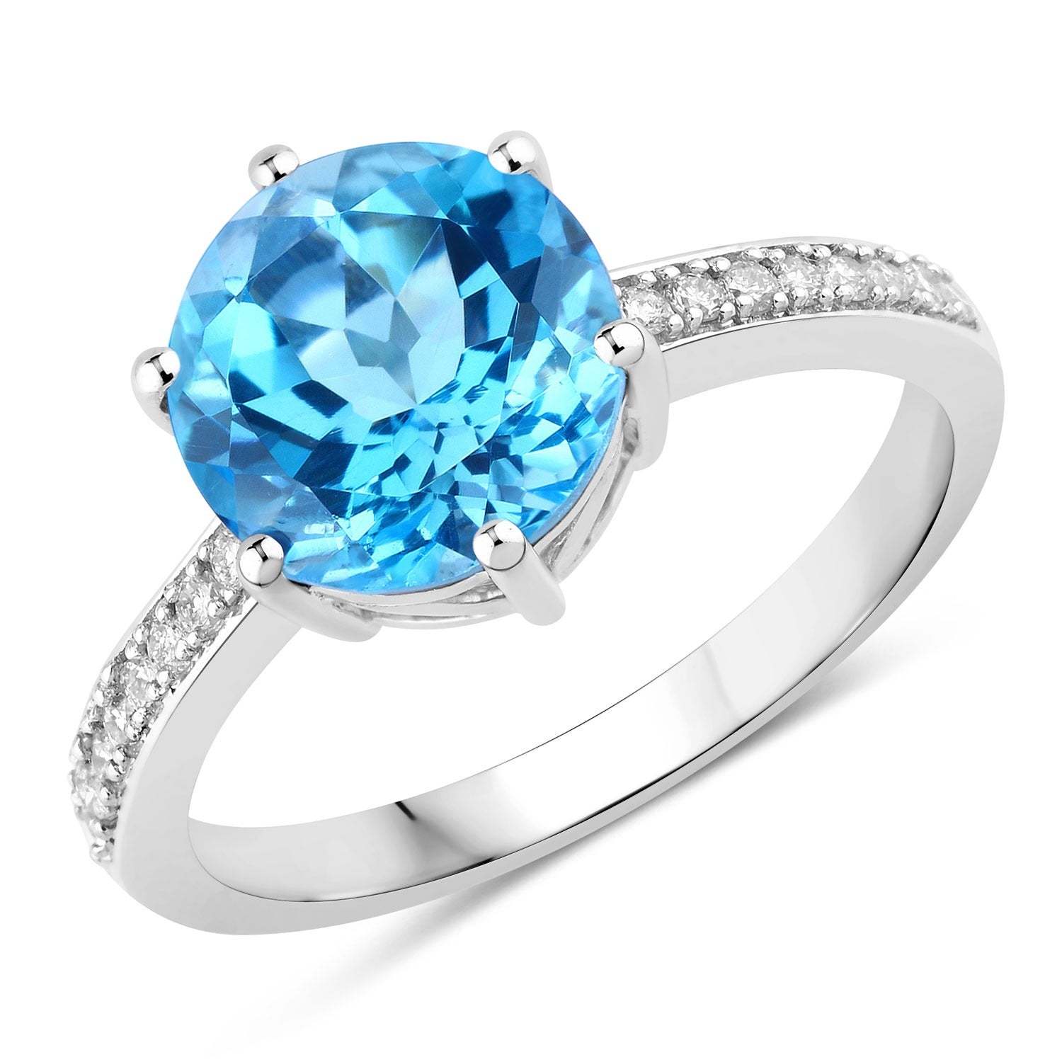 3.91 Ct Genuine Swiss Blue Topaz and Lab Diamond Silver Round Bridge Ring Fine Color Jewels