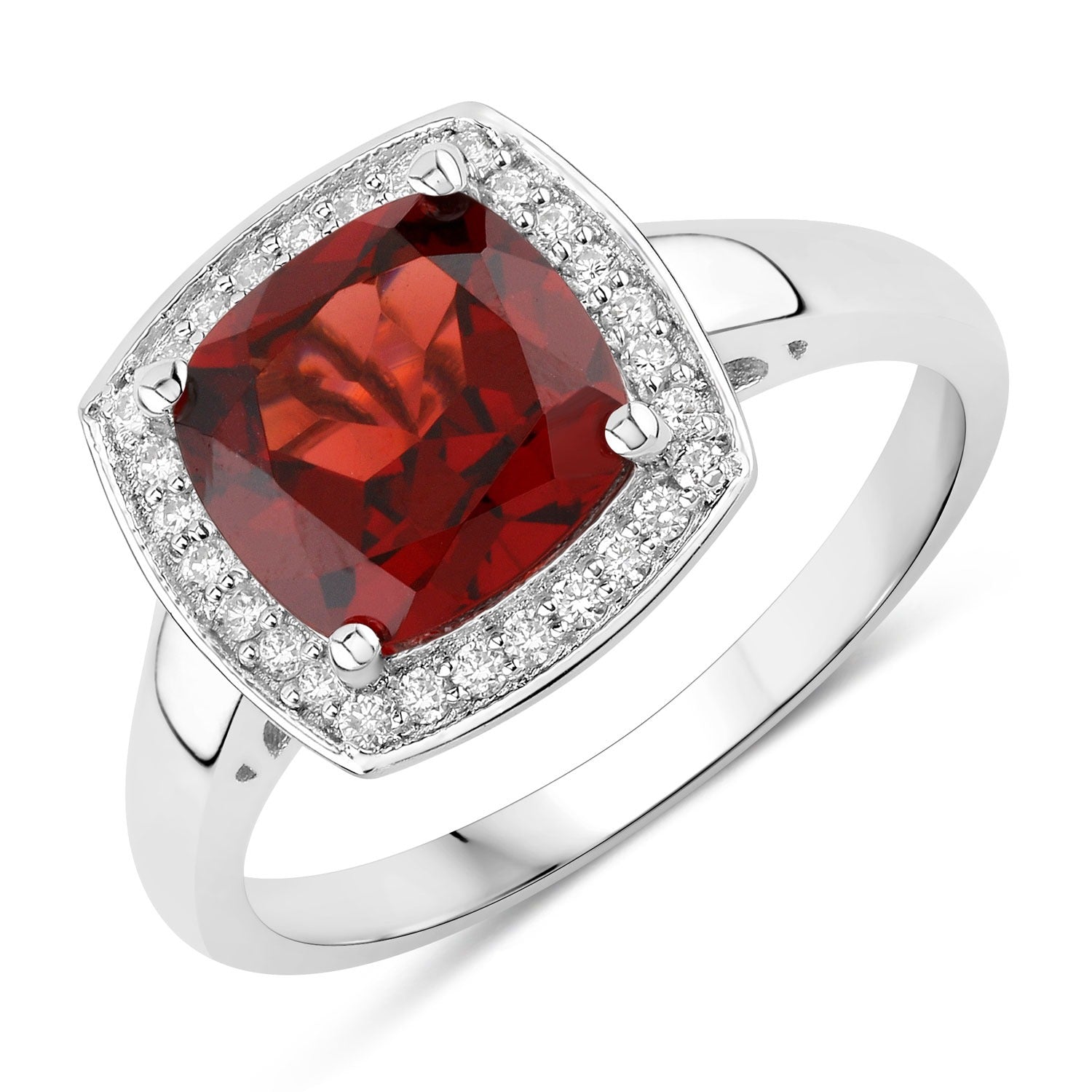2.52 Ct Genuine Cushion Cut Garnet Lab Diamond Silver Halo Ring Fine Color Jewels