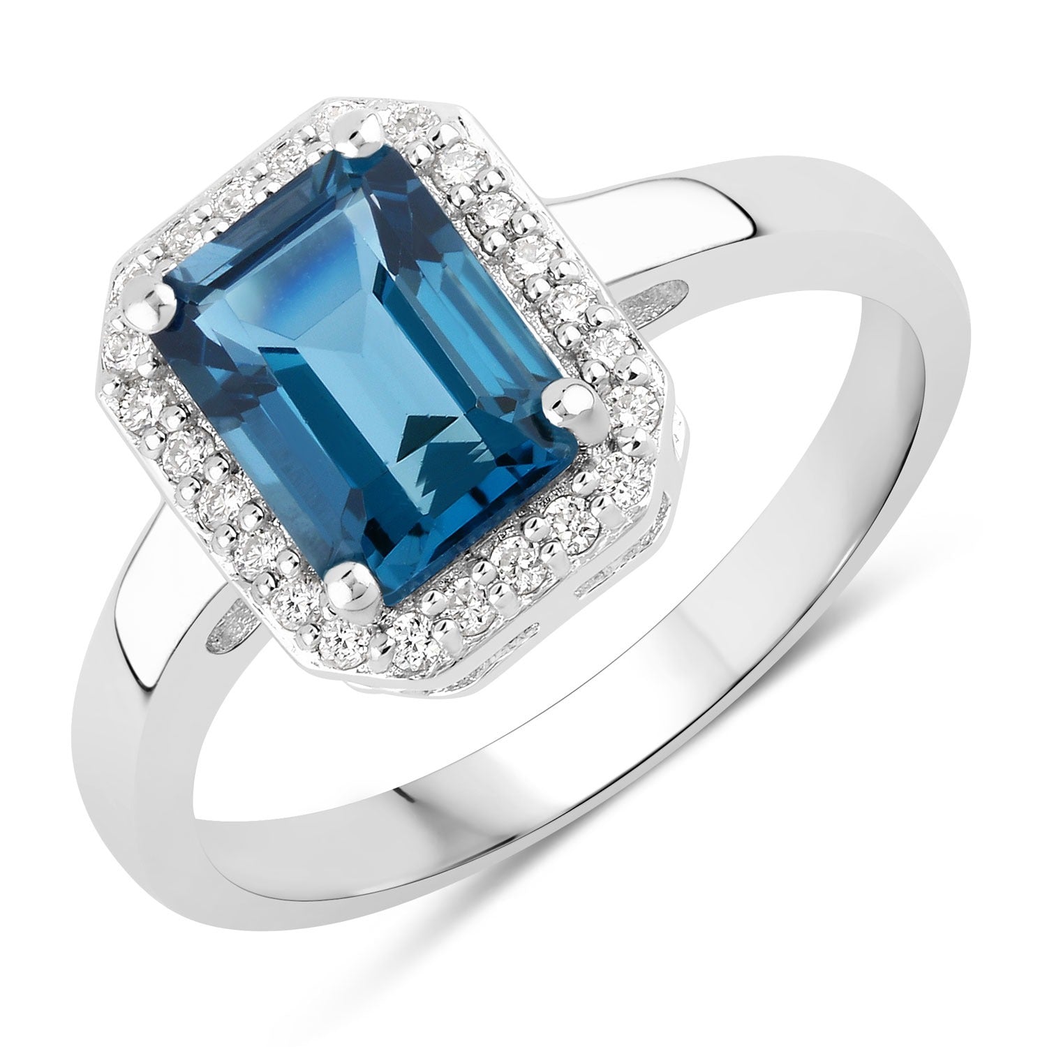 1.78 Ct Genuine London Blue Topaz and Lab Diamond Silver Halo Octagon Ring Fine Color Jewels