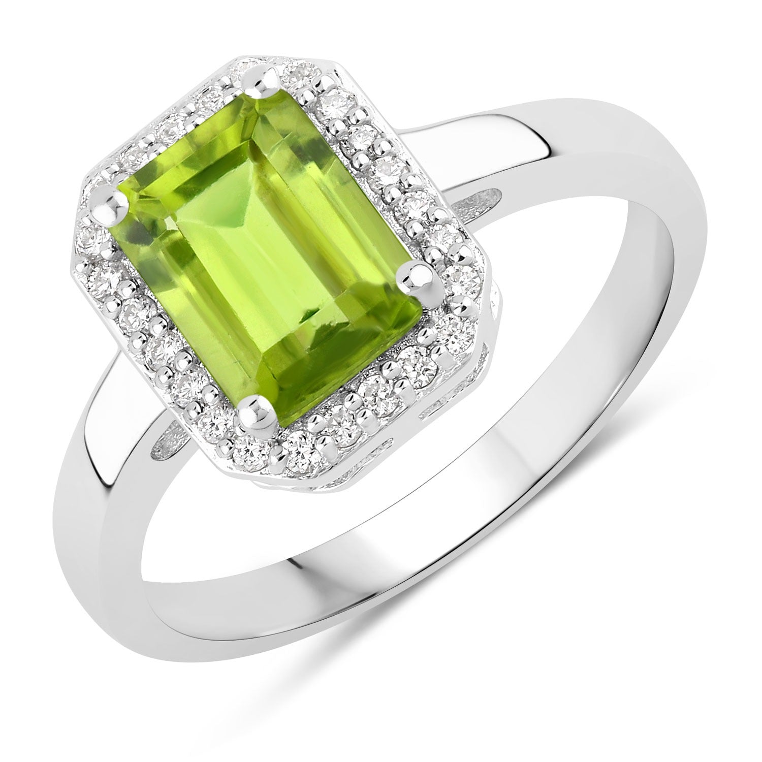 1.78 Ct Genuine Green Peridot and Lab Diamond Silver Halo Octagon Ring Fine Color Jewels