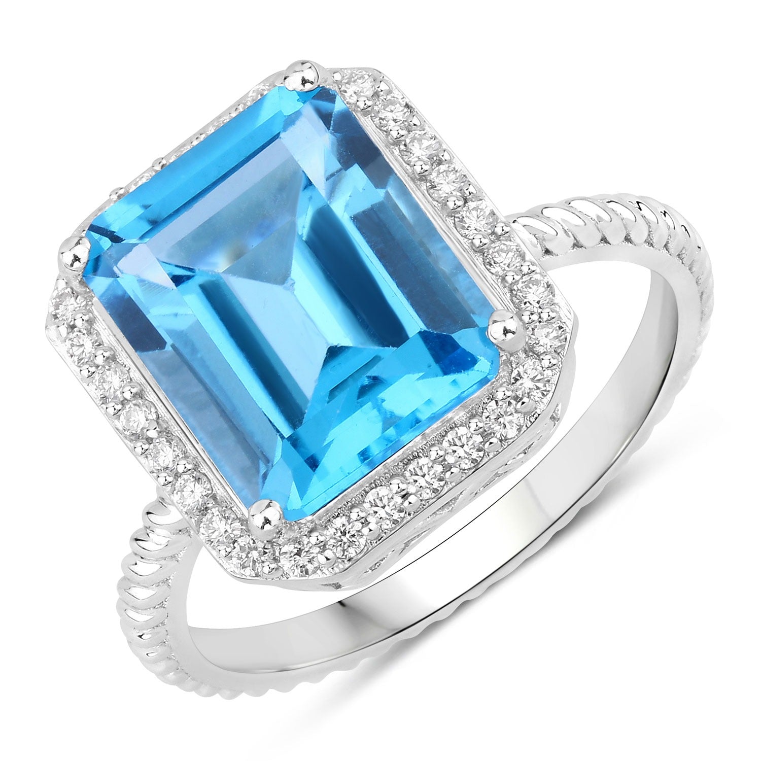 5.68 Ct Genuine Swiss Blue Topaz and Lab Diamond Silver Halo Statement Ring Fine Color Jewels
