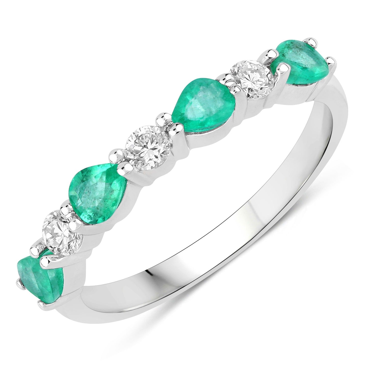 0.74 Ct Genuine Zambian Emerald and Lab Diamond Silver Eternity Ring Fine Color Jewels