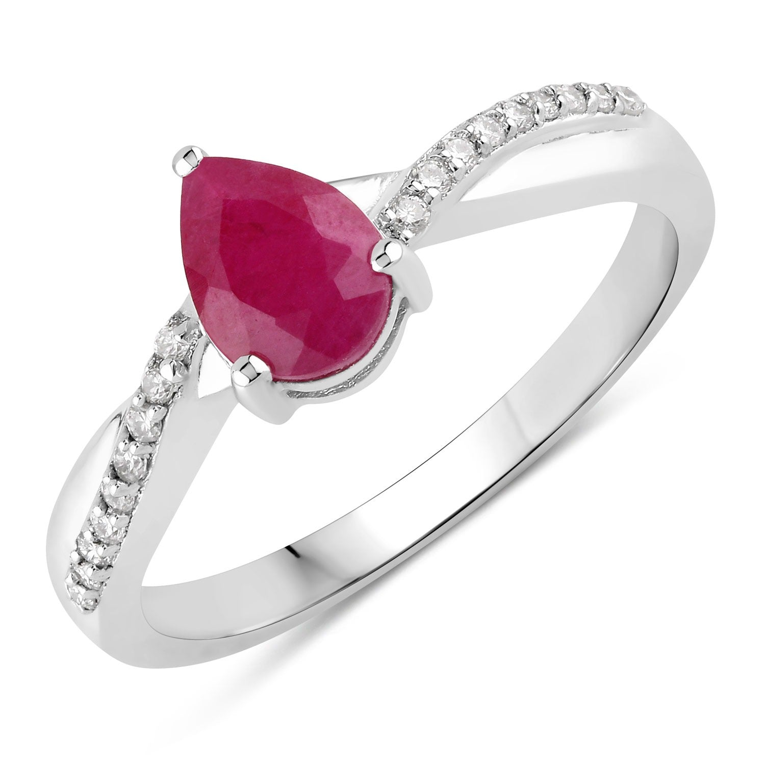 0.94 Ct Genuine Pear Ruby and Lab Diamond Silver Crossover Ring Fine Color Jewels