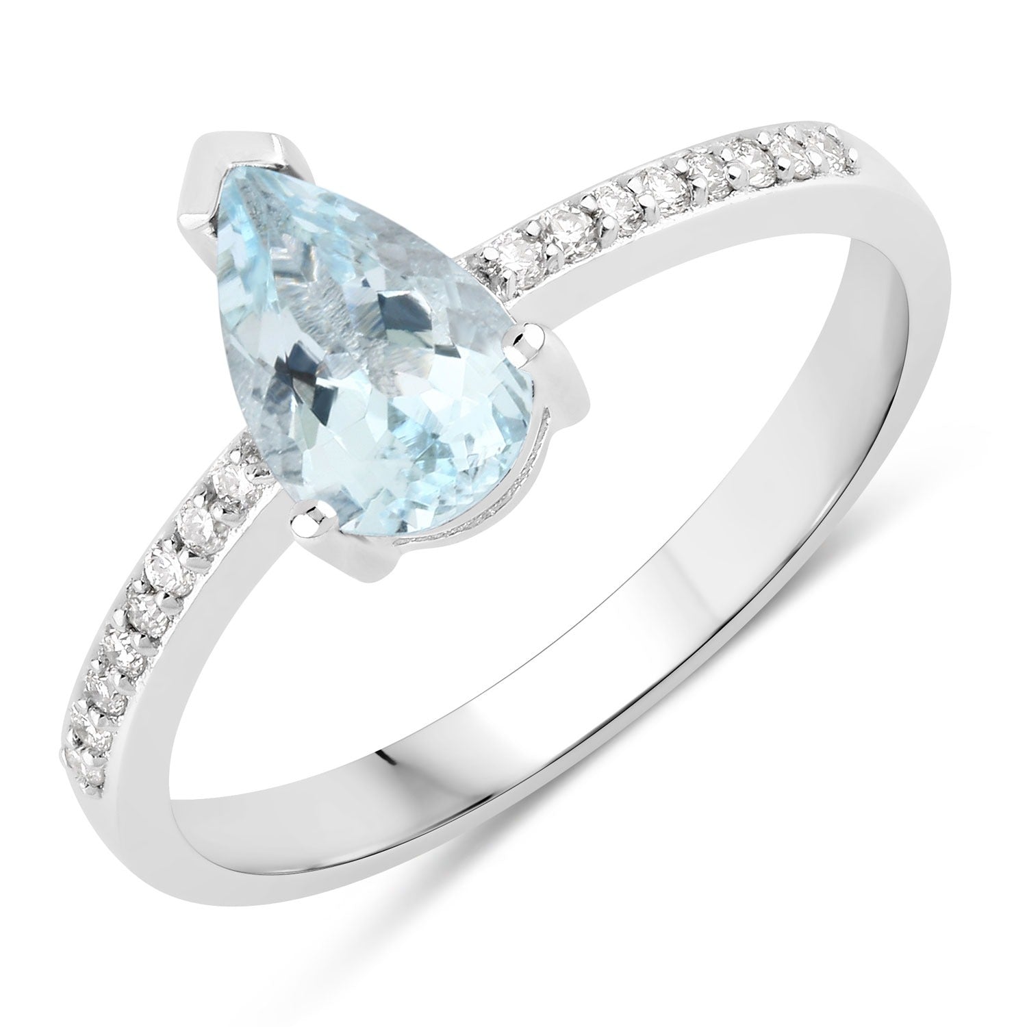 0.90 Ct Genuine Blue Aquamarine and Lab Diamond Sterling Silver Teardrop Ring