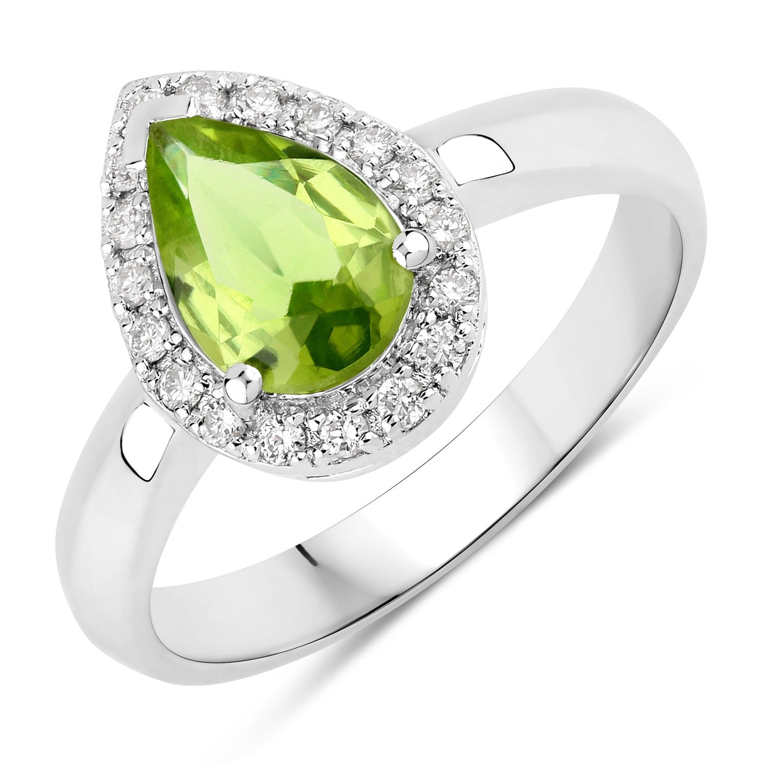 1.28 Ct Genuine Pear Shaped Peridot and Lab Diamond Silver Halo Engagement Ring